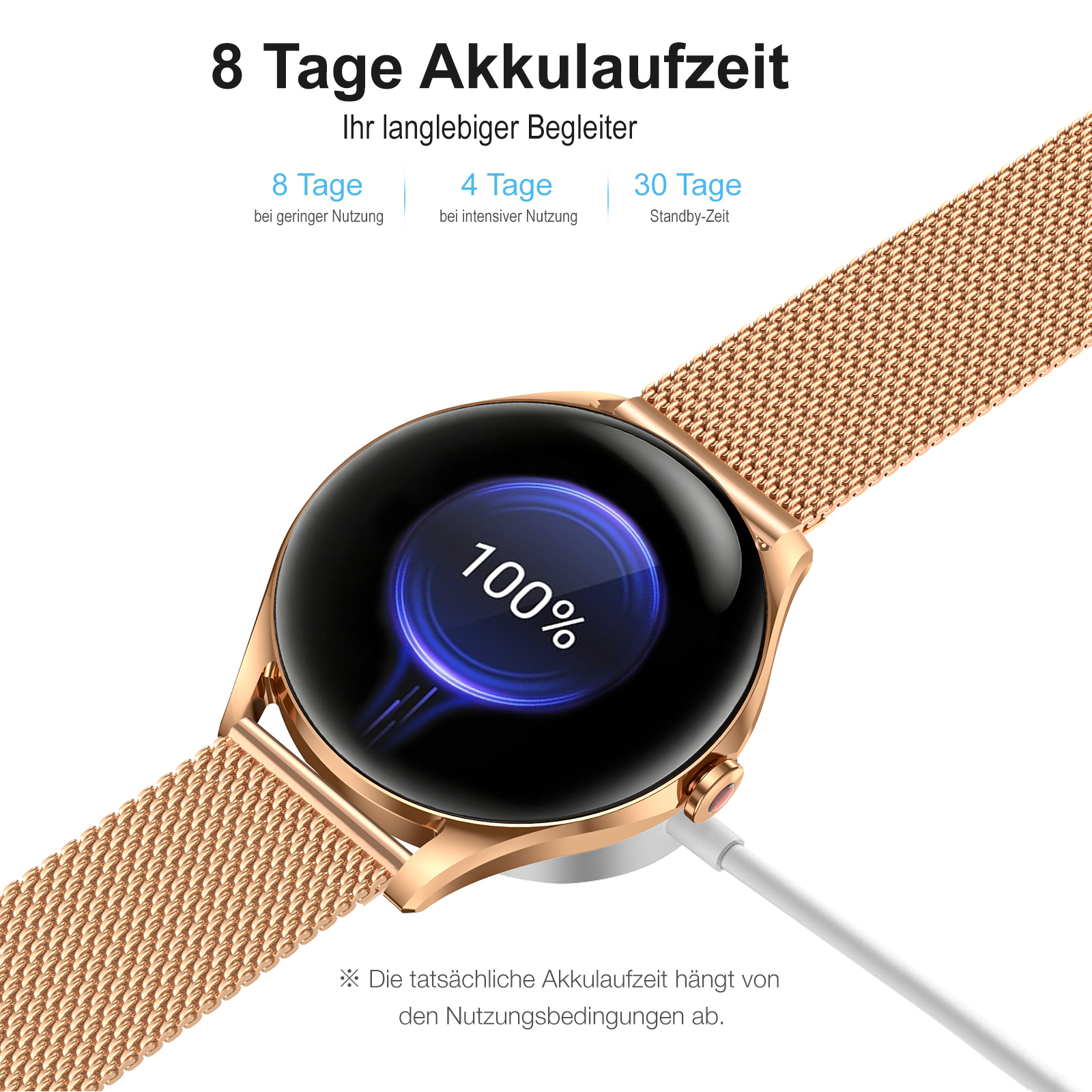 Eine goldene Smartwatch mit einem roségoldenen Milanaise-Armband wird geladen.