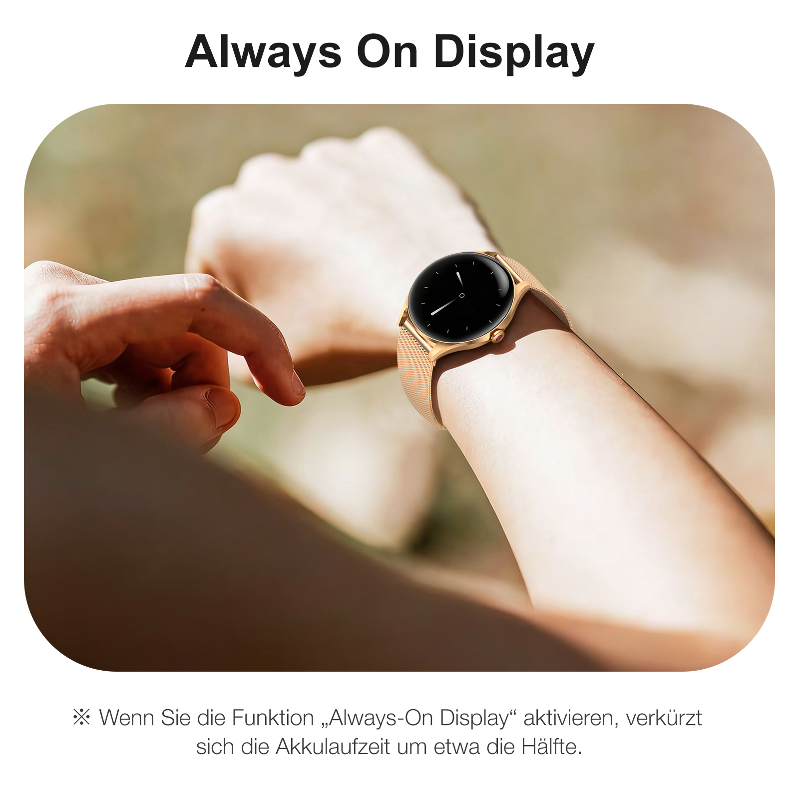 Eine goldene Smartwatch mit schwarzem Zifferblatt wird an einem Handgelenk getragen.