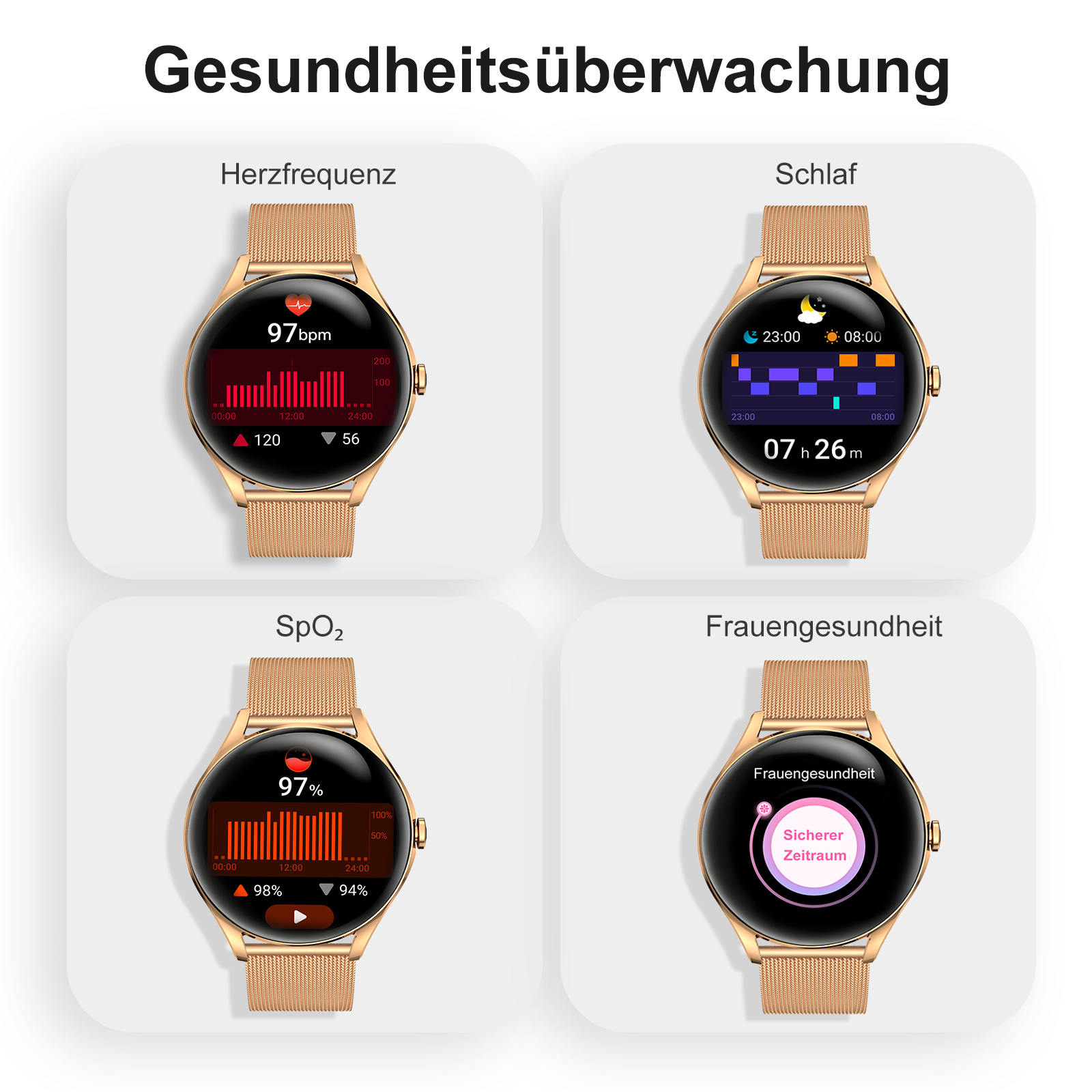 Goldene Smartwatch zeigt Herzfrequenz, Schlaf, SpO2 und Frauengesundheit an.
