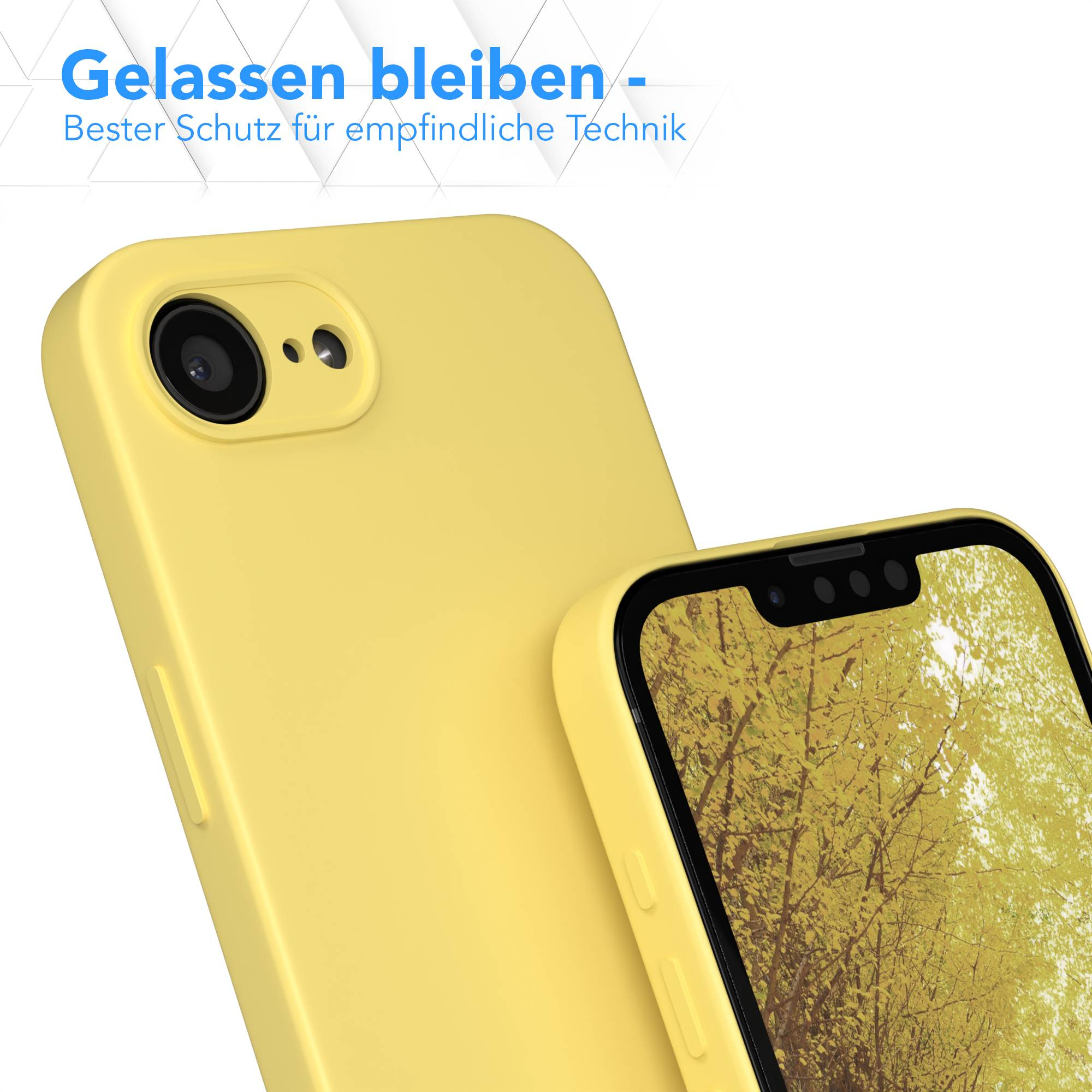 Gelbe Handyhülle mit Kamera und Bildschirm, der einen Herbstwald zeigt.
