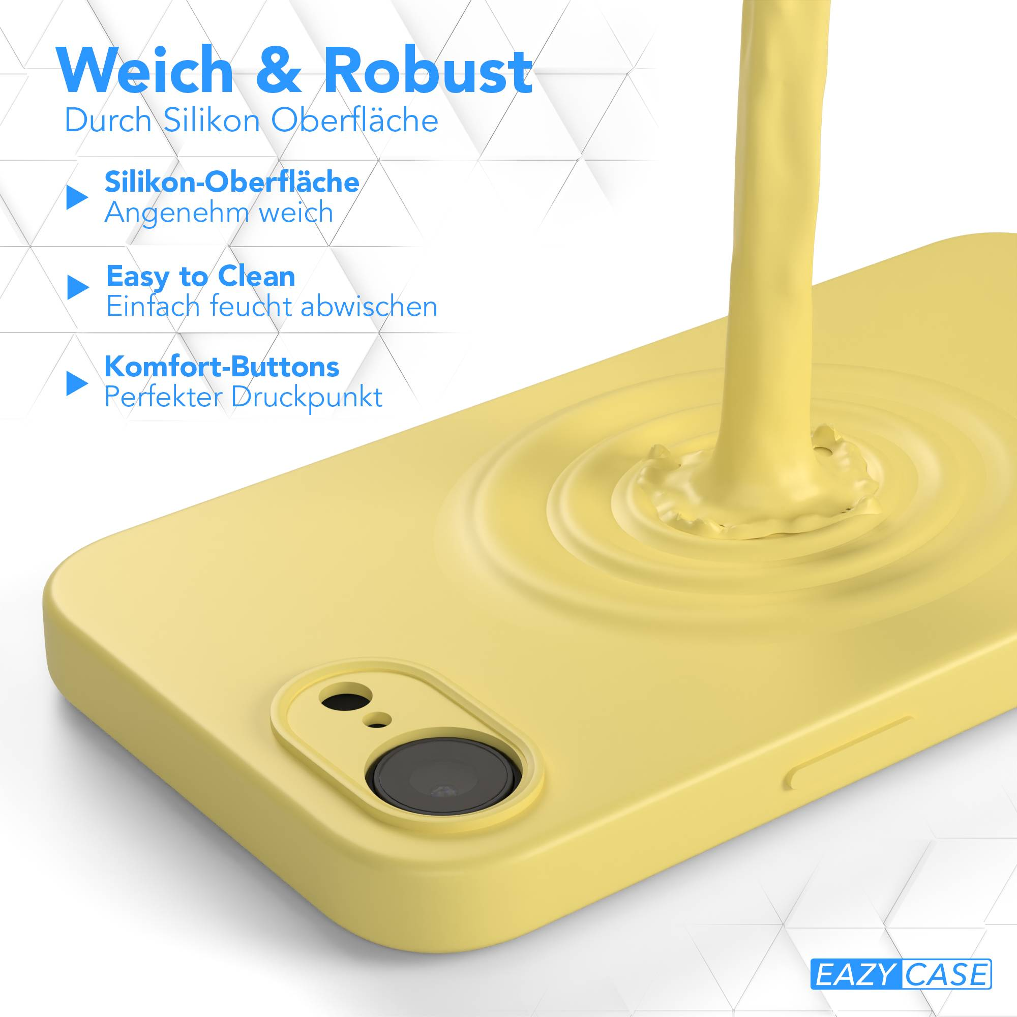 Gelbes Handycover aus Silikon, weich und robust, mit Kameraausschnitt.