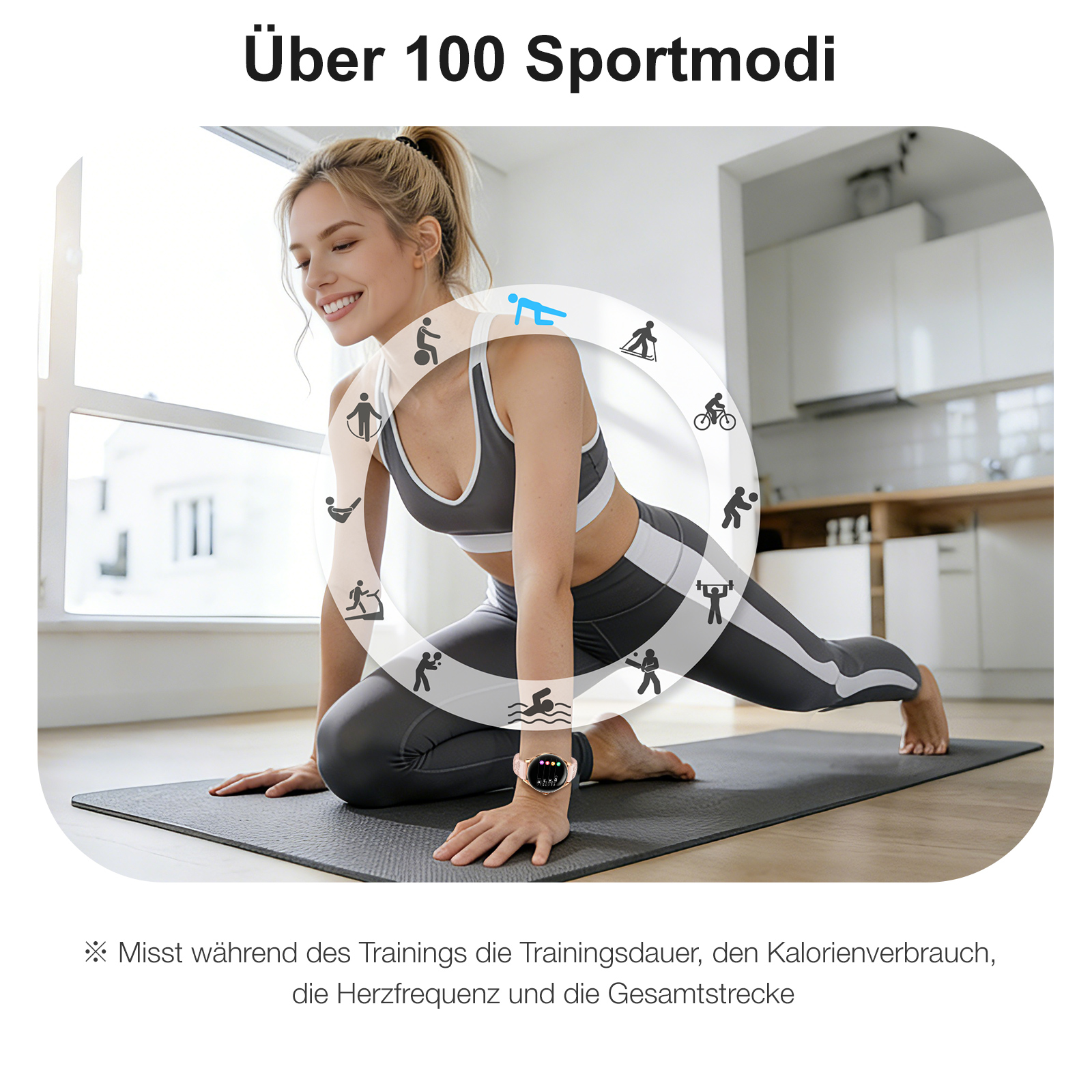 Frau macht eine Sportübung mit Icons über 100 Sportmodi auf einer Uhr.