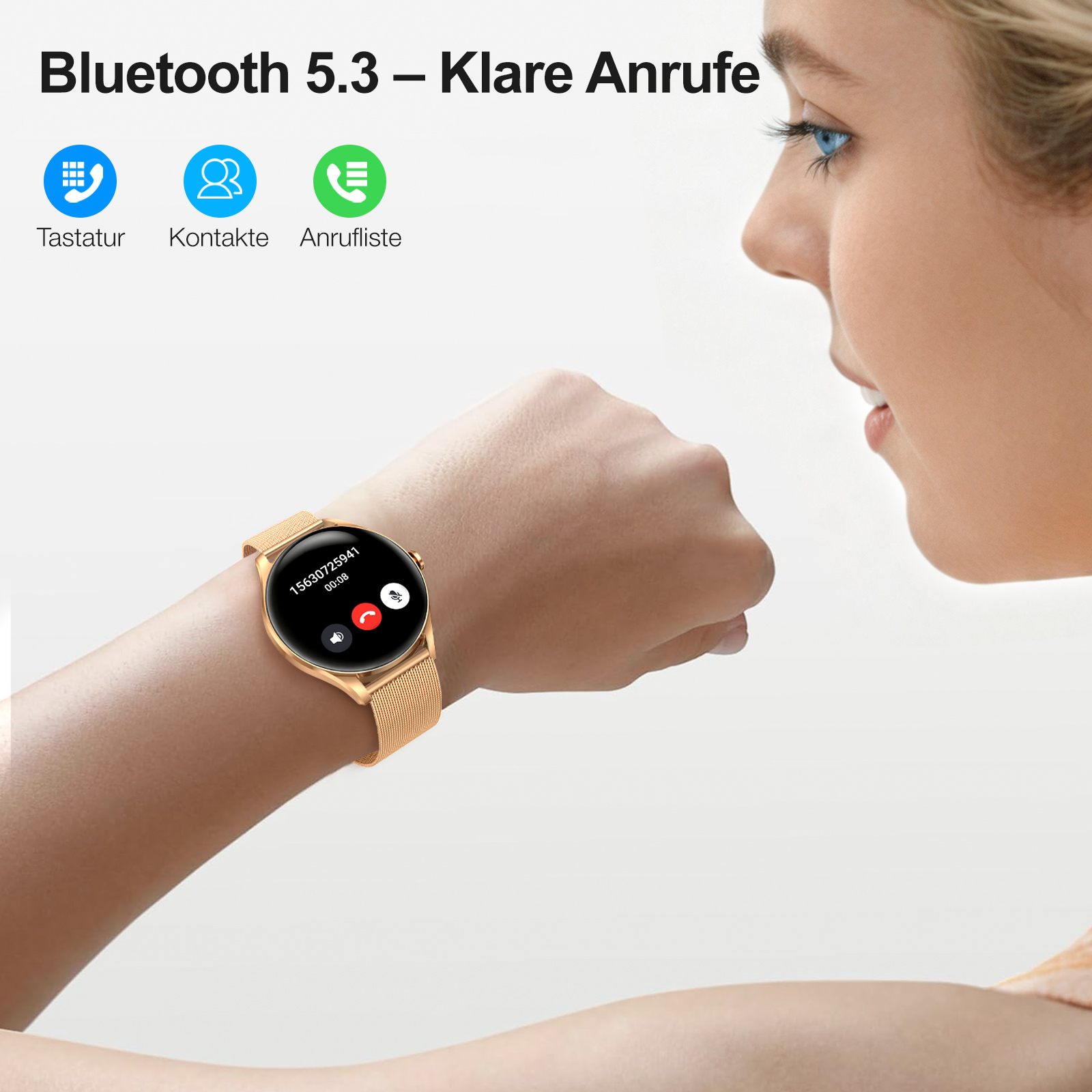 Goldene Smartwatch zeigt Anruf auf dem Handgelenk einer Person an.