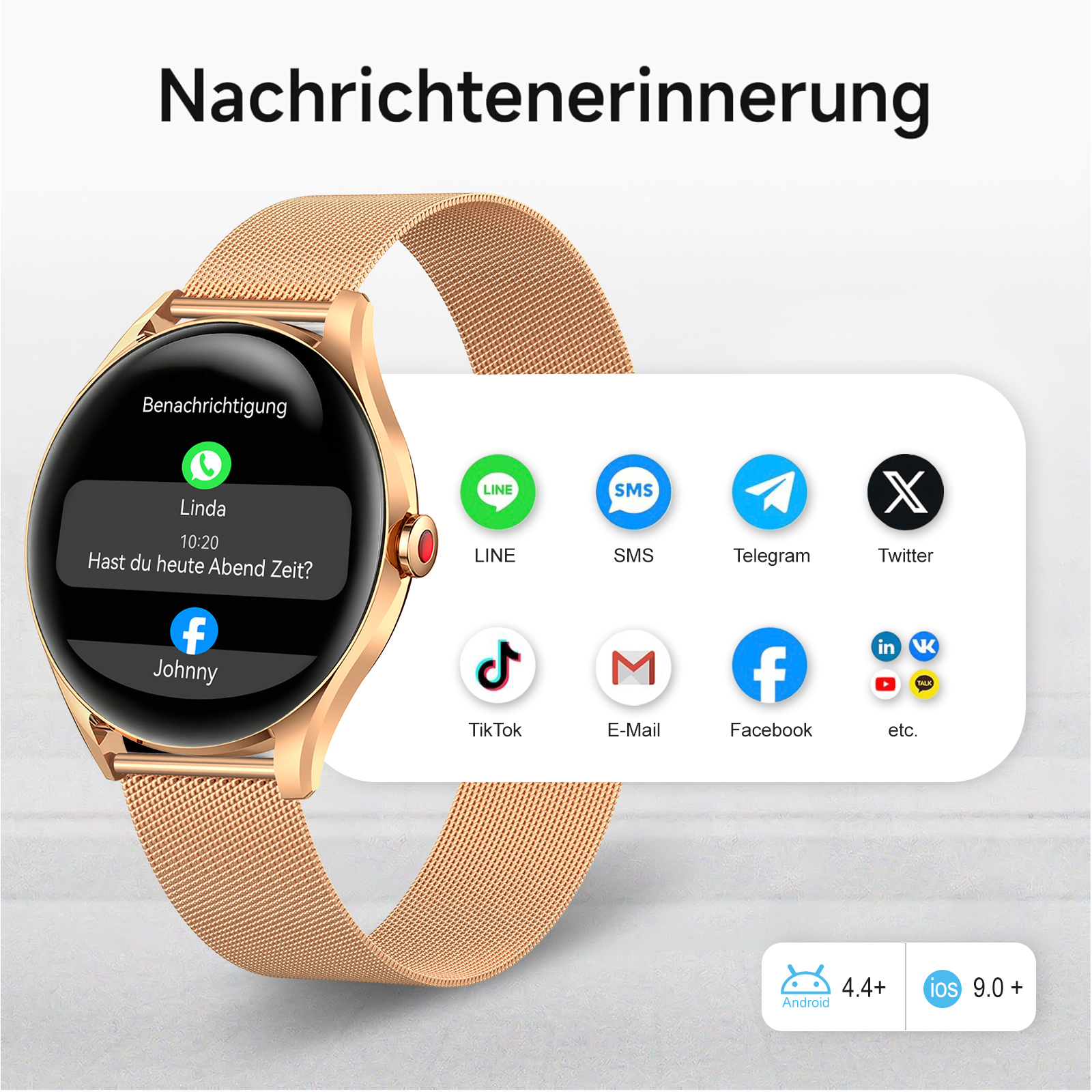 Goldene Smartwatch zeigt Benachrichtigungen von Apps wie LINE, SMS, Telegram, Twitter.