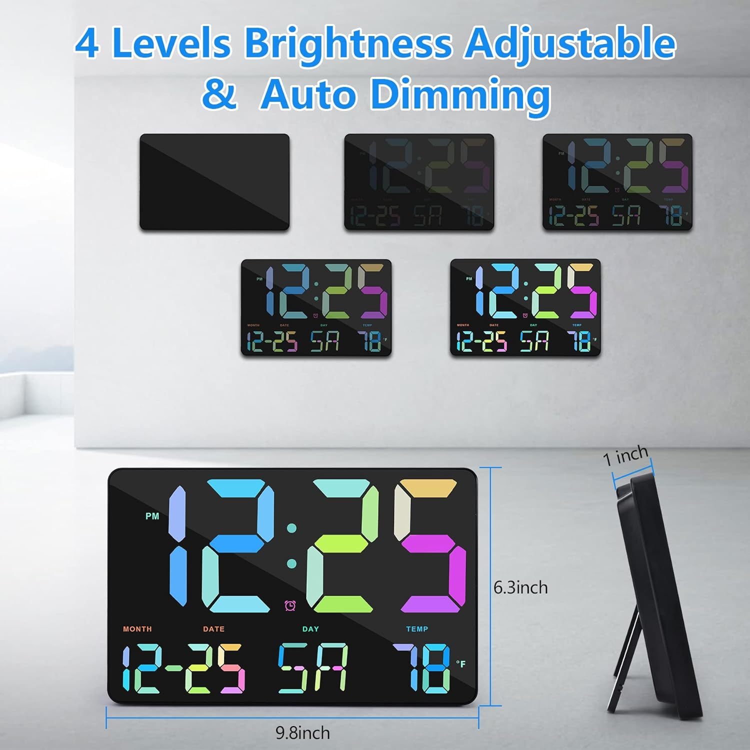 Digitaluhr mit buntem Display, die Uhrzeit, Datum und Temperatur anzeigt. Maße angegeben.