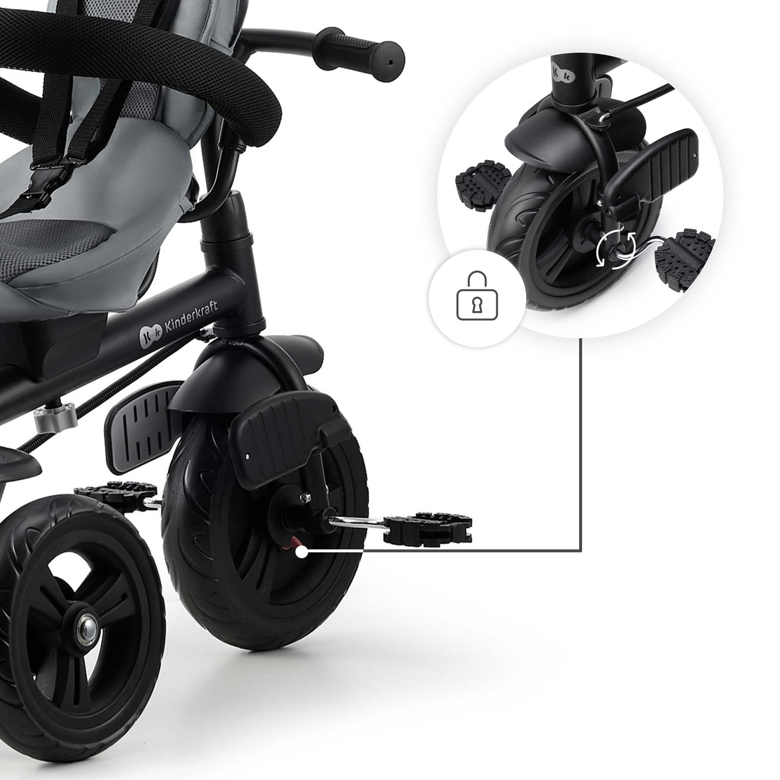 Grauer Kindersitz mit schwarzen Rädern und Pedalen, Detailansicht der Pedale.