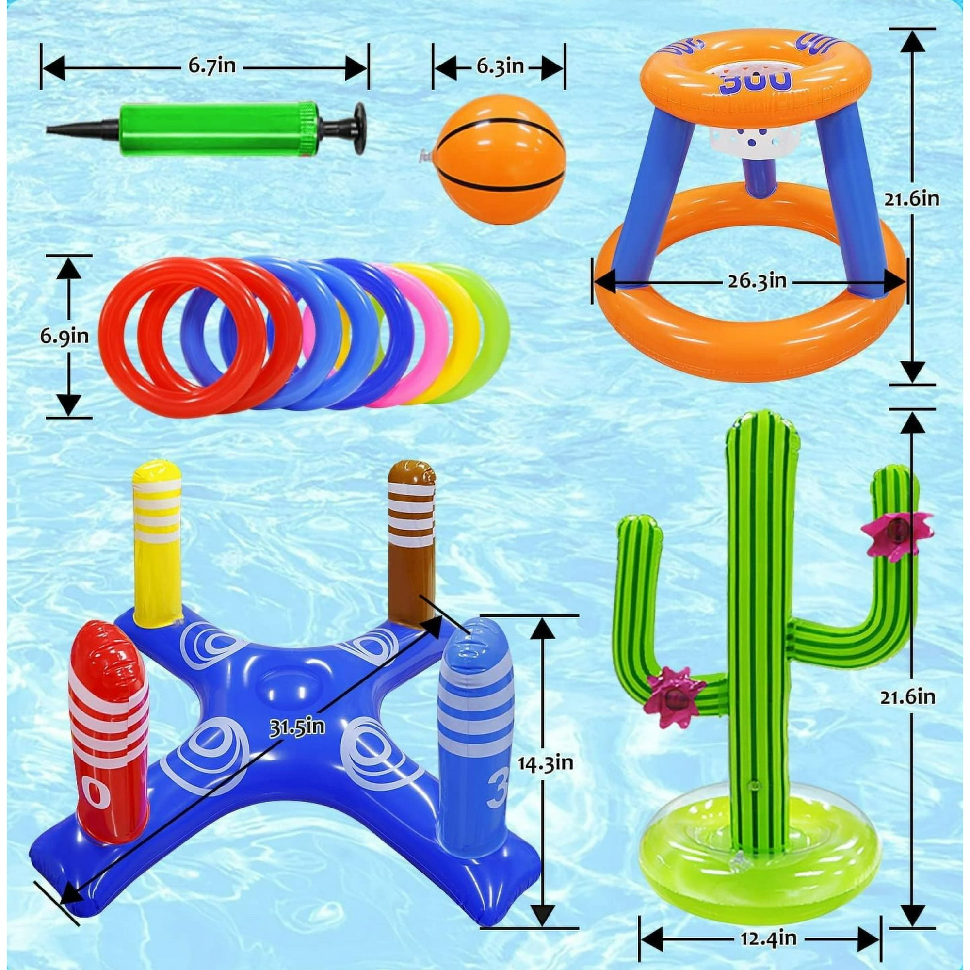 Aufblasbare Poolspielzeuge: Pumpe, Ball, Ringwurfspiel, Kaktus und Zielspiel.