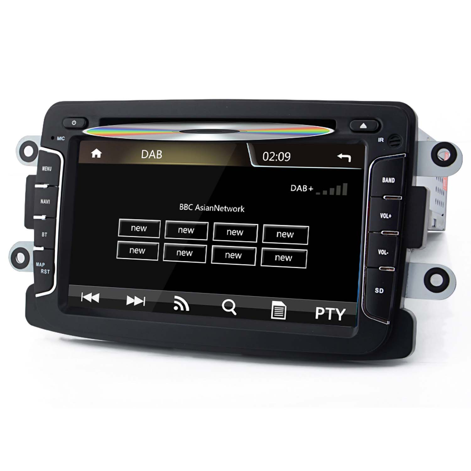 Ein Autoradio mit CD-Schlitz, Touchscreen zeigt DAB-Sender an.