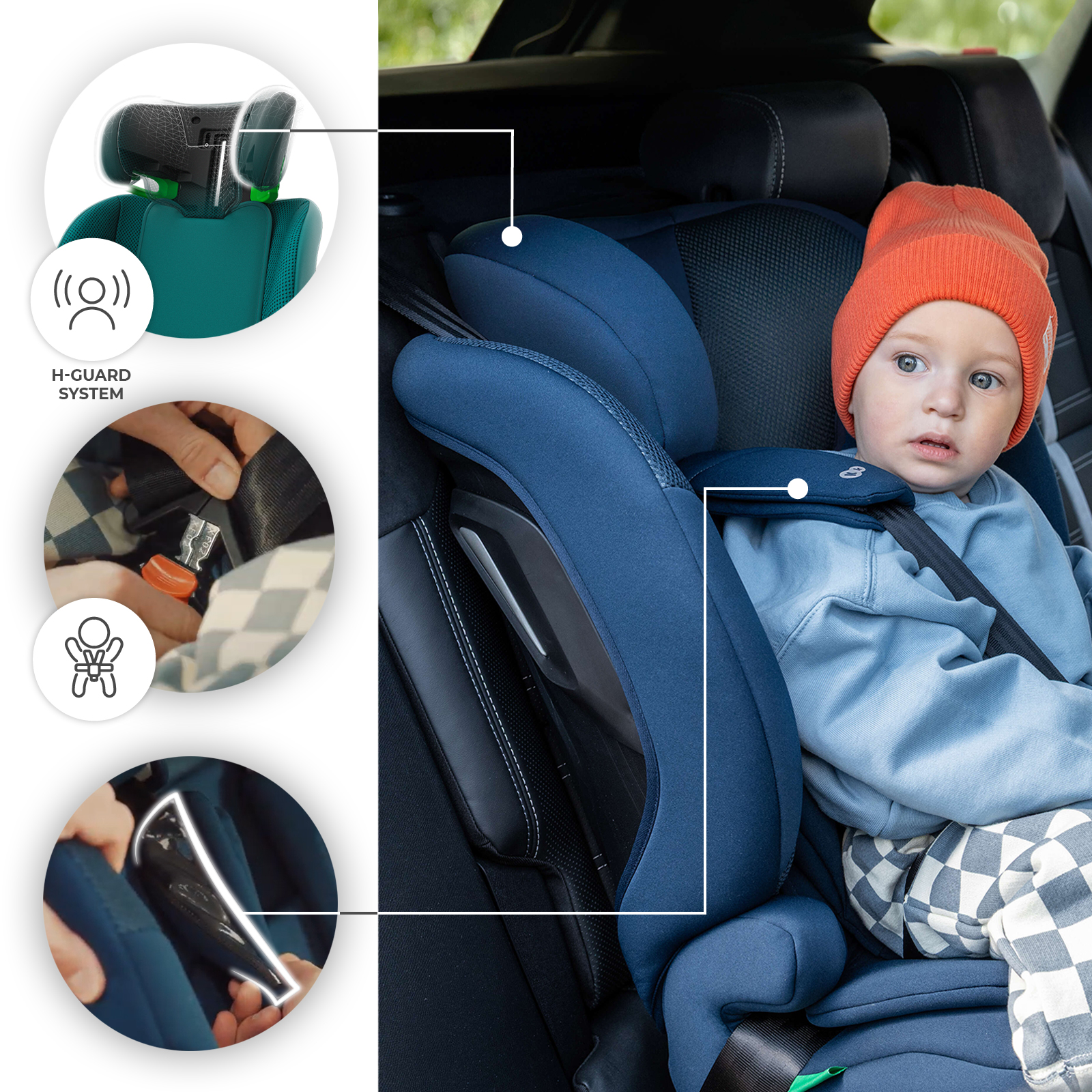 Ein Kleinkind mit orangefarbener Mütze sitzt in einem blauen Kindersitz im Auto.