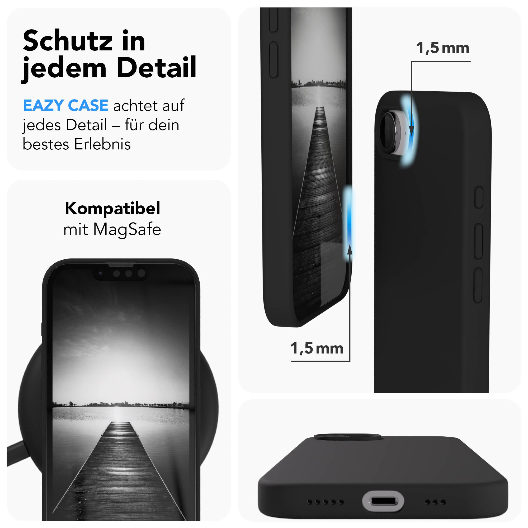 Schwarze Handyhülle zeigt 1,5mm Schutz für Kamera und Bildschirm.