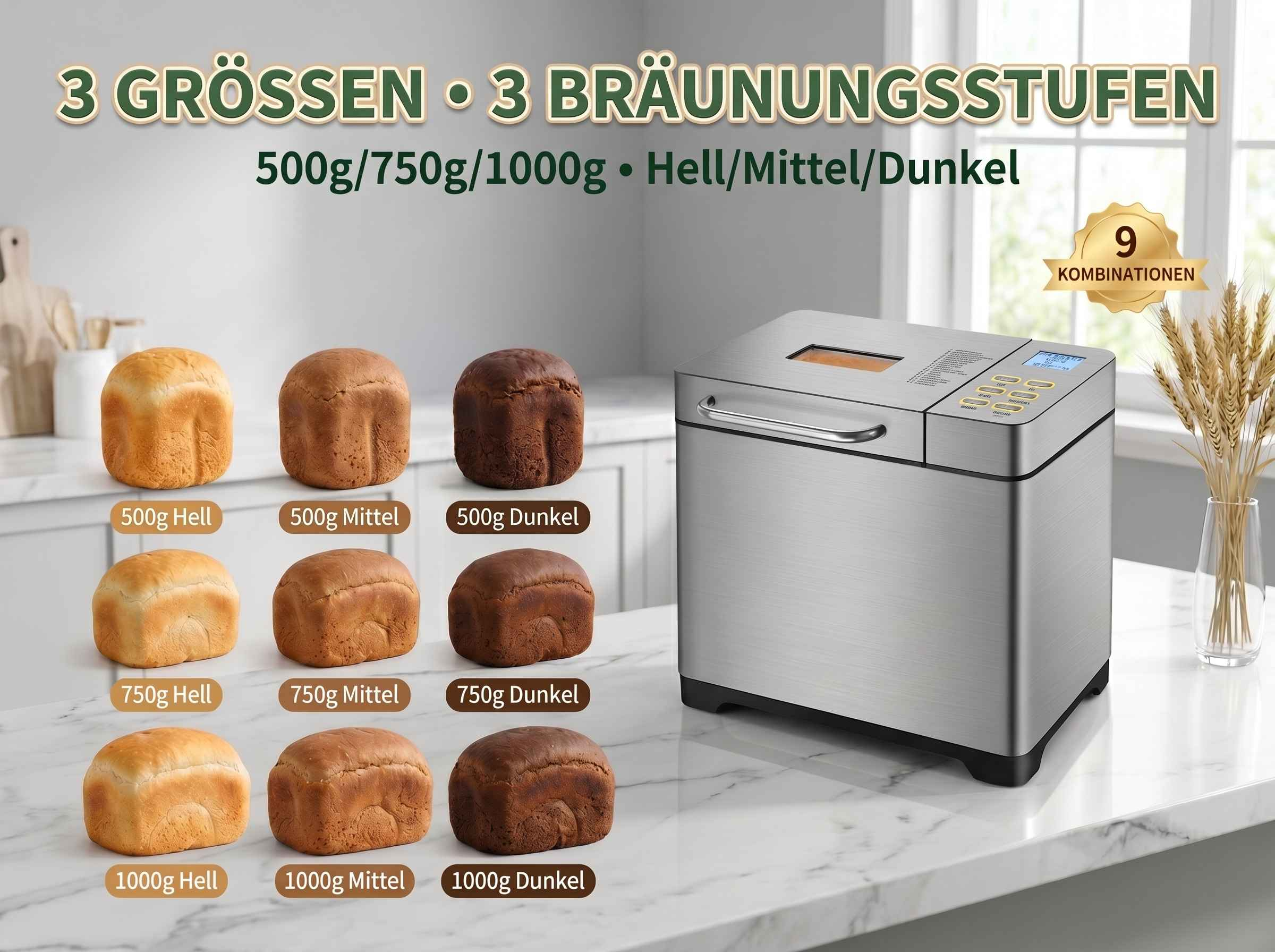 Brotbackautomat mit 9 Broten in verschiedenen Größen und Bräunungsgraden.