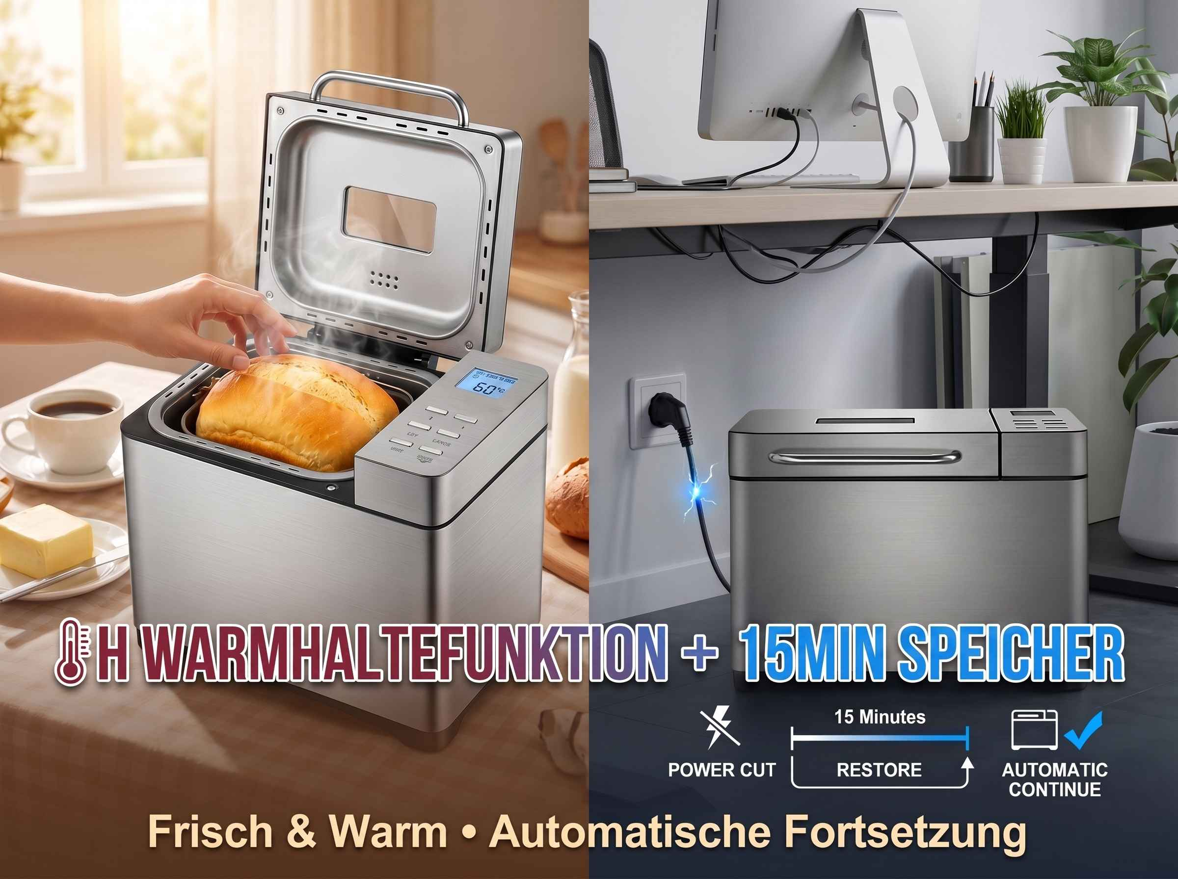 Brotbackautomat mit Warmhaltefunktion und 15-Min.-Speicher.