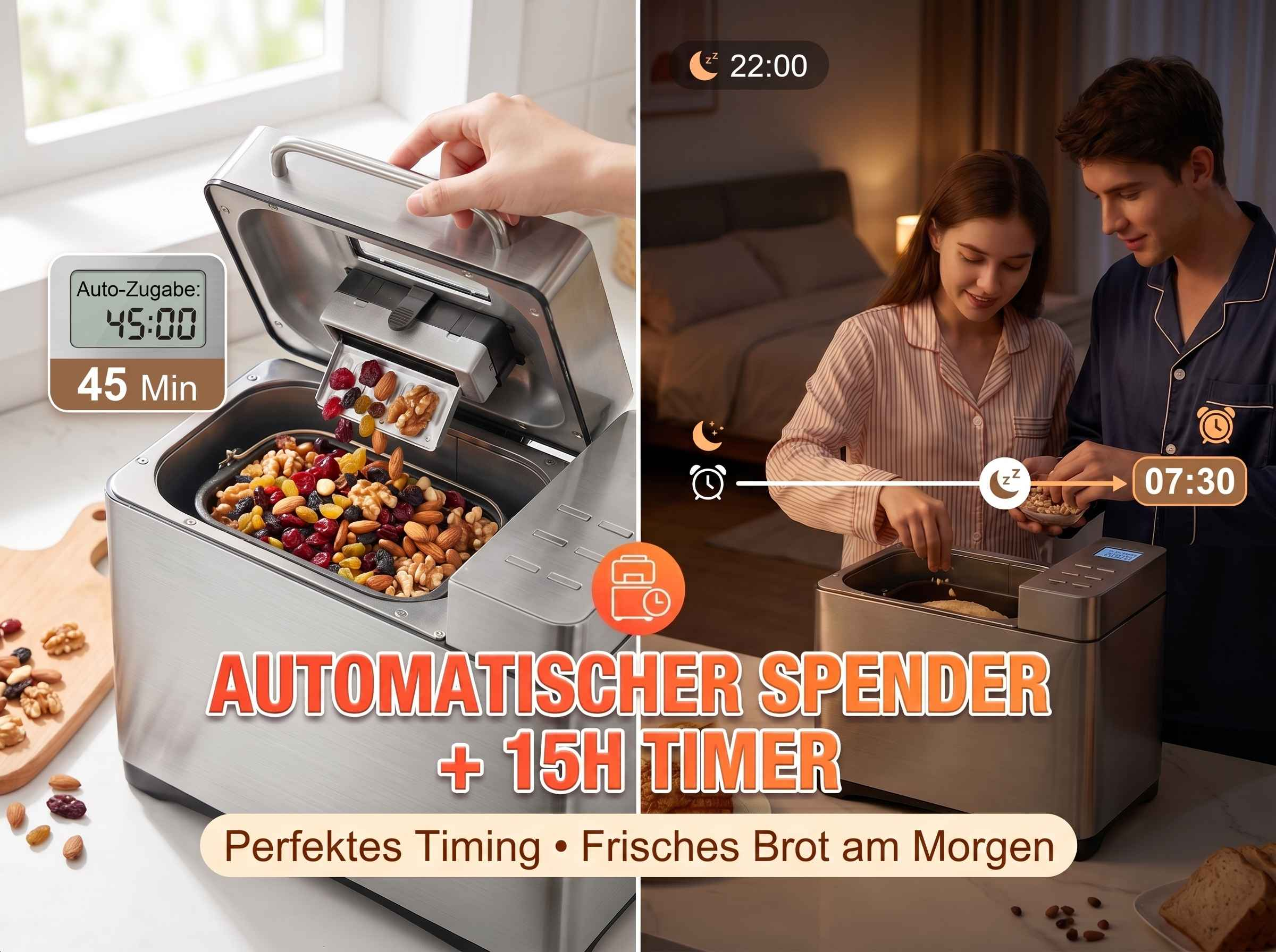 Brotbackautomat mit Obst- und Nussspender und Timer. Paar im Schlafanzug.