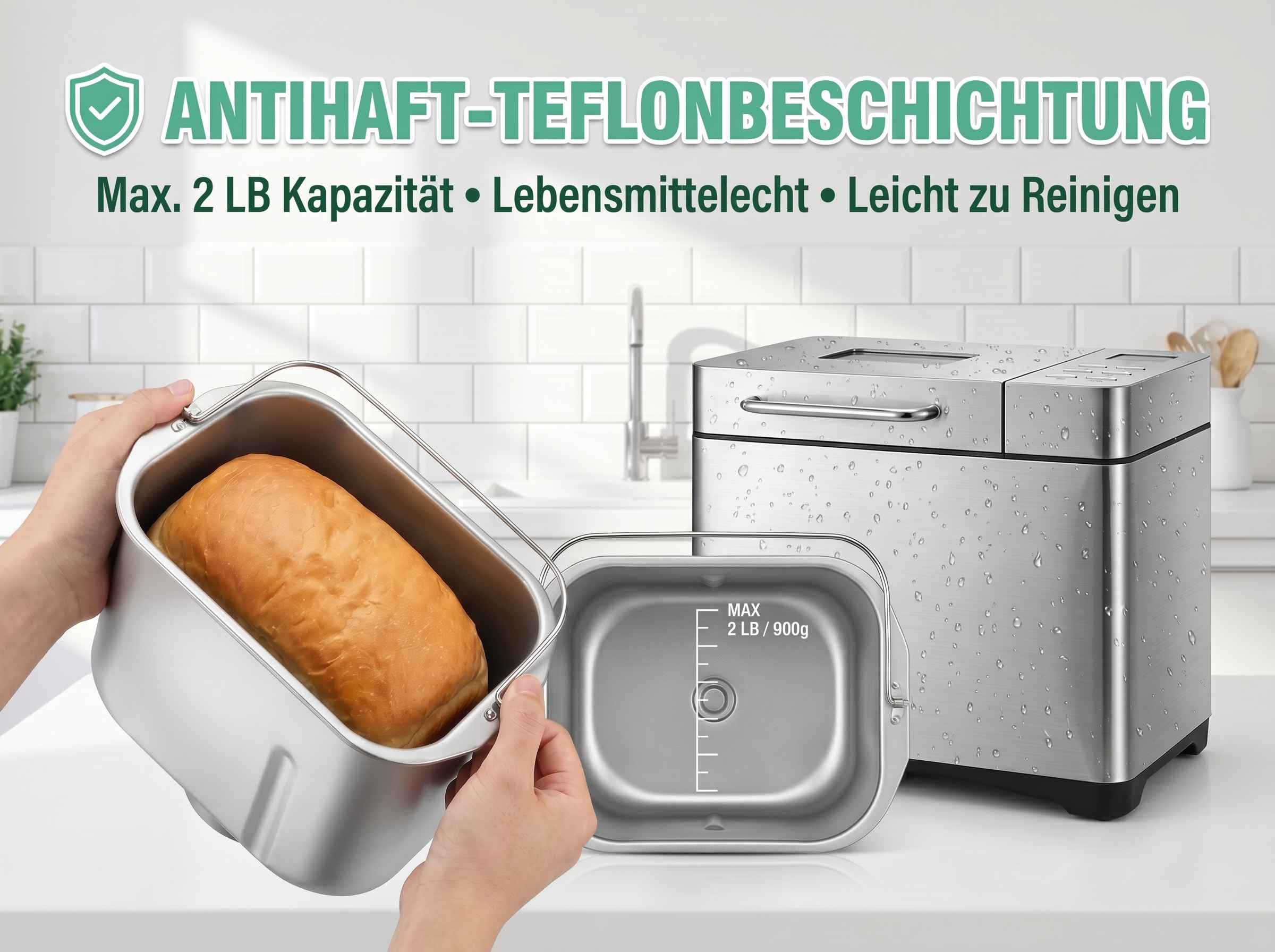 Eine Hand hält eine Brotfomen mit einem Brot. Daneben ein leerer Brotfomen.