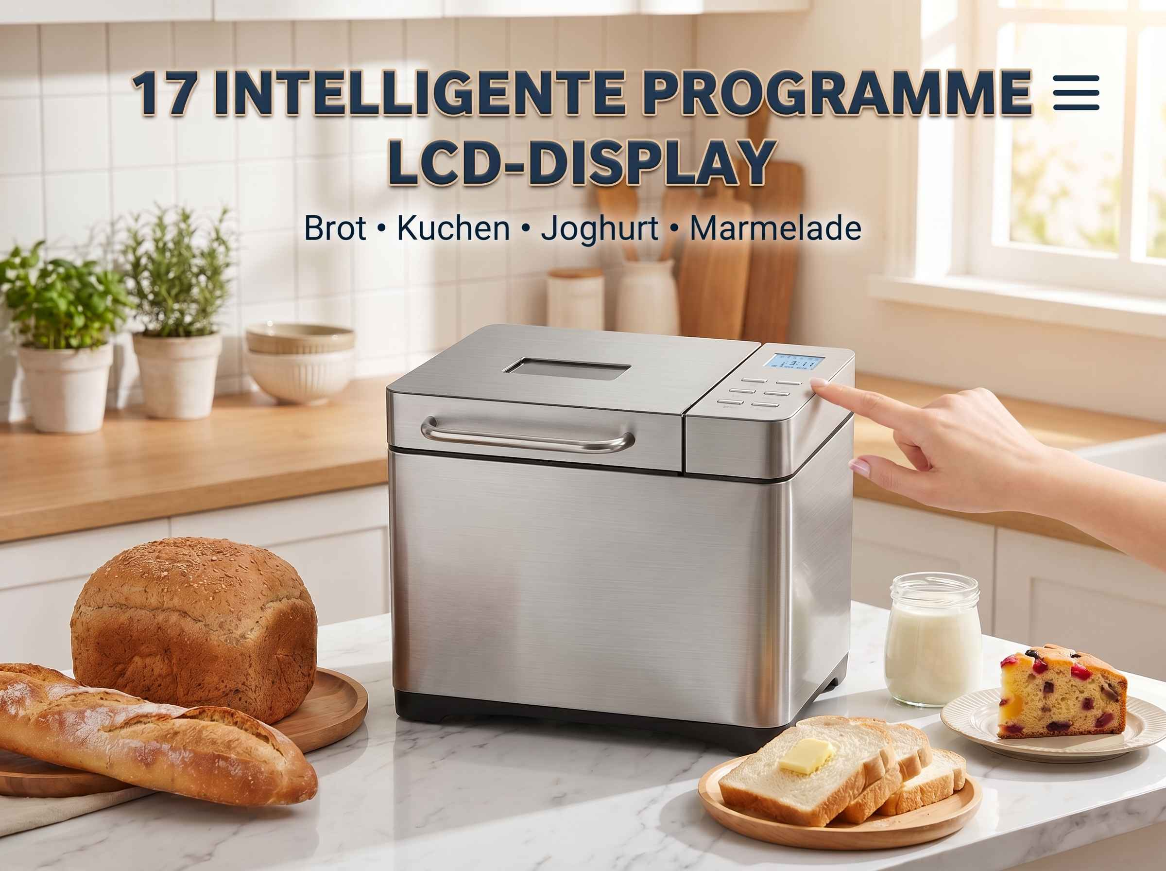 Ein Brotautomat mit LCD-Display steht auf einer Marmorarbeitsplatte mit Brot, Toast und Kuchen.