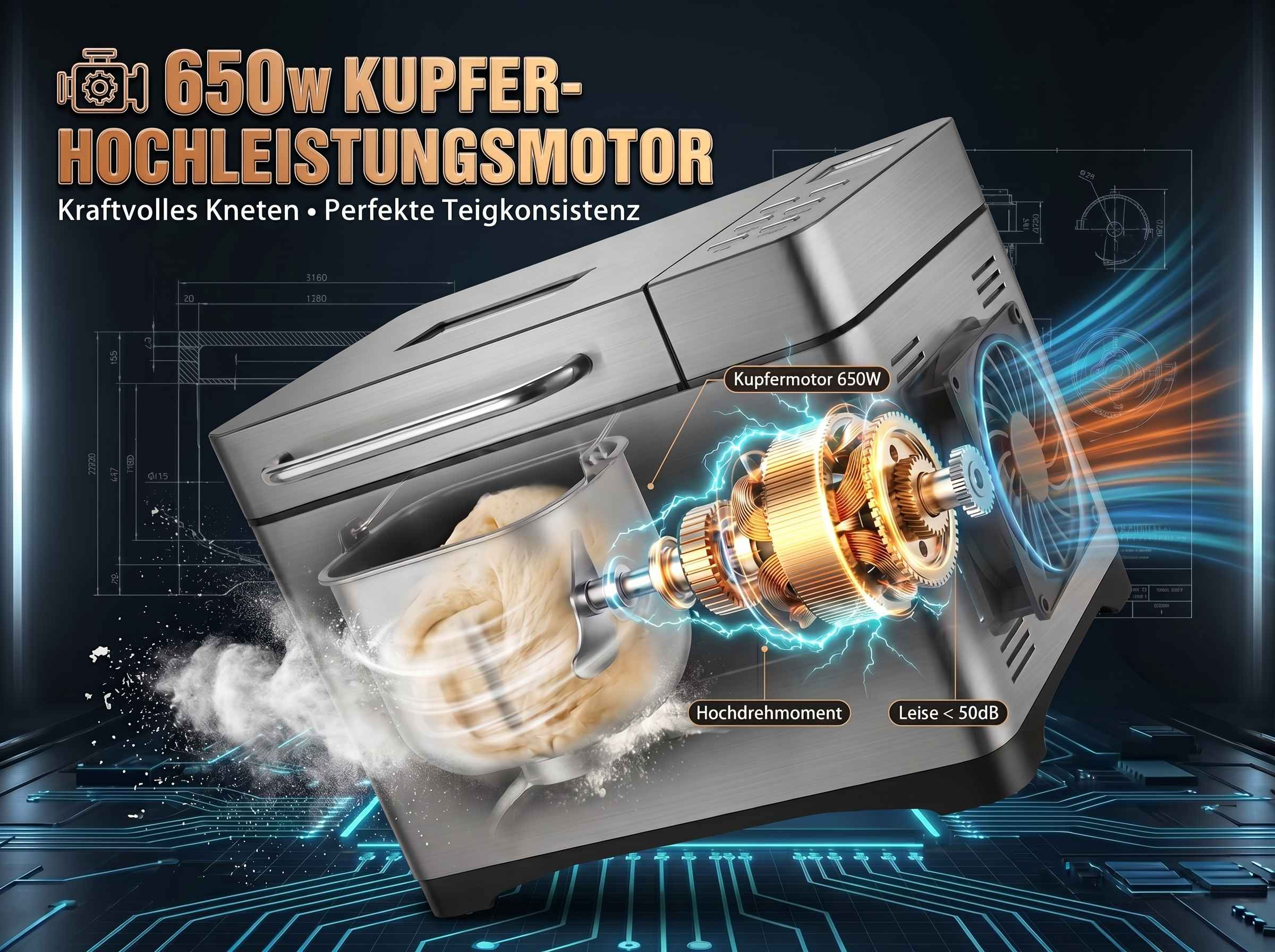 Edelstahl-Küchenmaschine mit 650W Kupfermotor, der Teig knetet.
