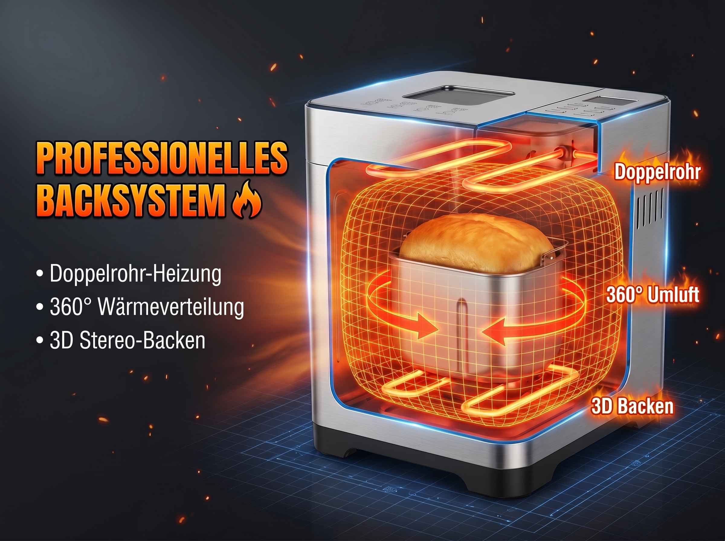 Brotbackautomat mit "Professionelles Backsystem"-Aufdruck und beleuchteten Heizelementen.