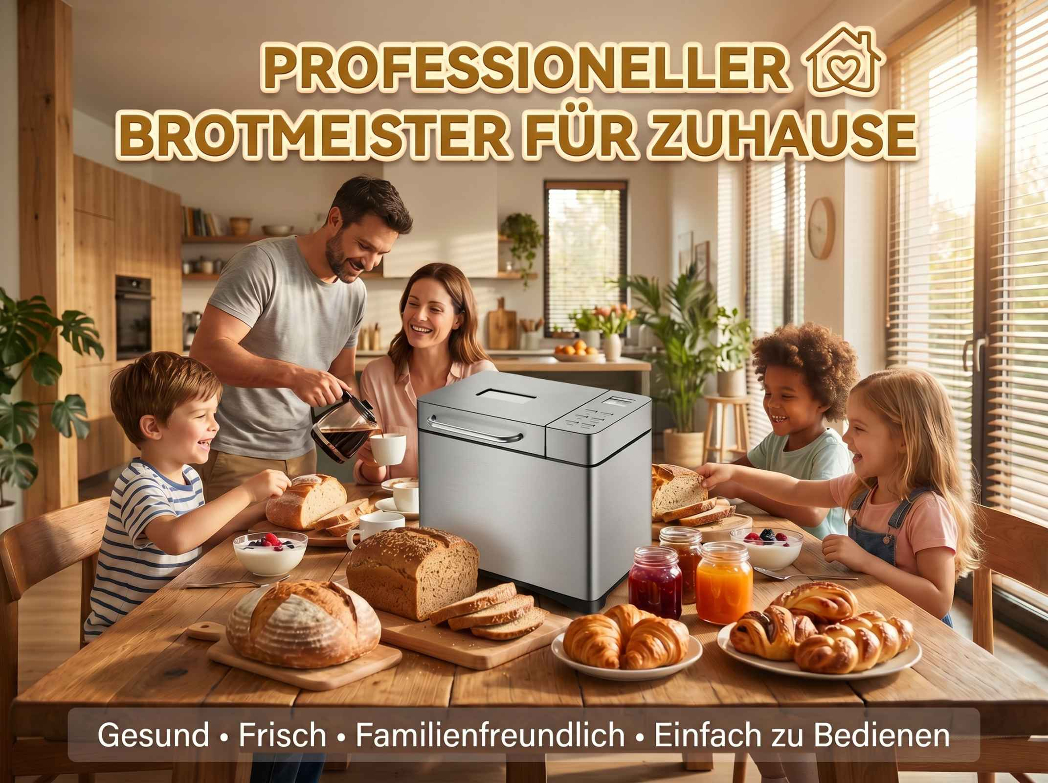 Familie frühstückt mit Brotbackautomat und frischem Gebäck am Holztisch.