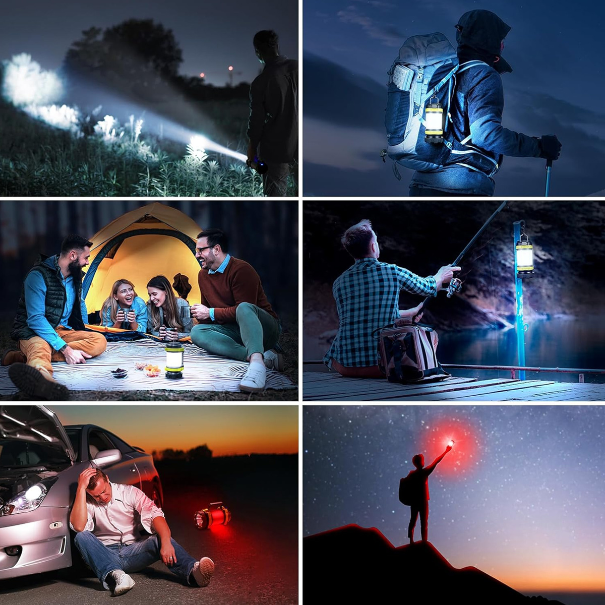 Sechs Szenen: Camping, Wandern, Angeln, Autopanne, Sternenhimmel.