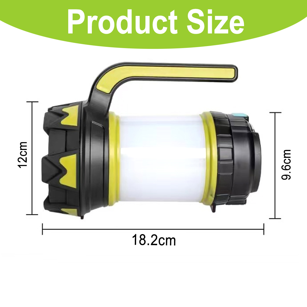 Schwarze und gelbe Taschenlampe mit Maßen: 18,2 cm L, 12 cm H, 9,6 cm B.