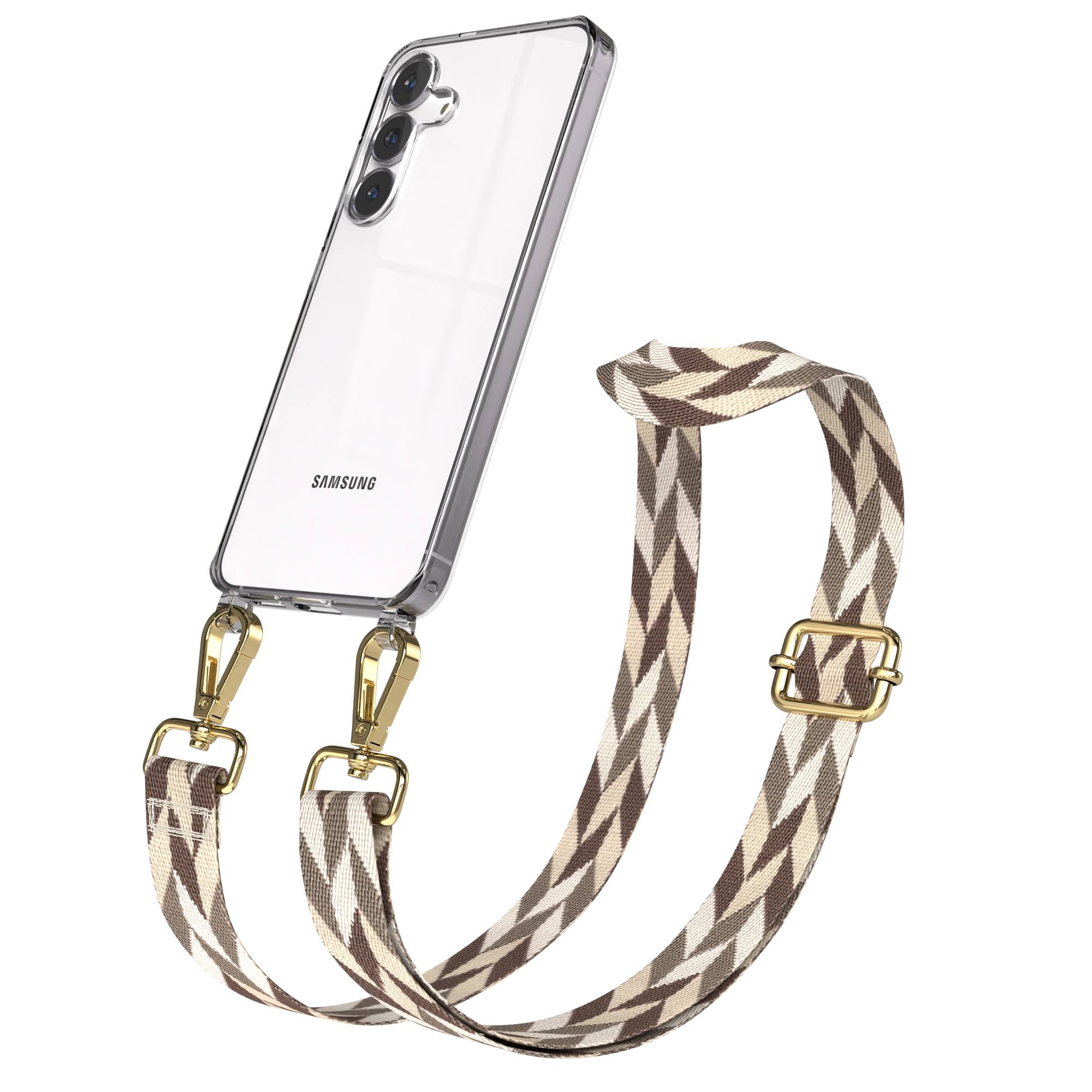 Transparente Hülle für Samsung-Handy mit Zickzack-Gurt in Braun- und Beigetönen.