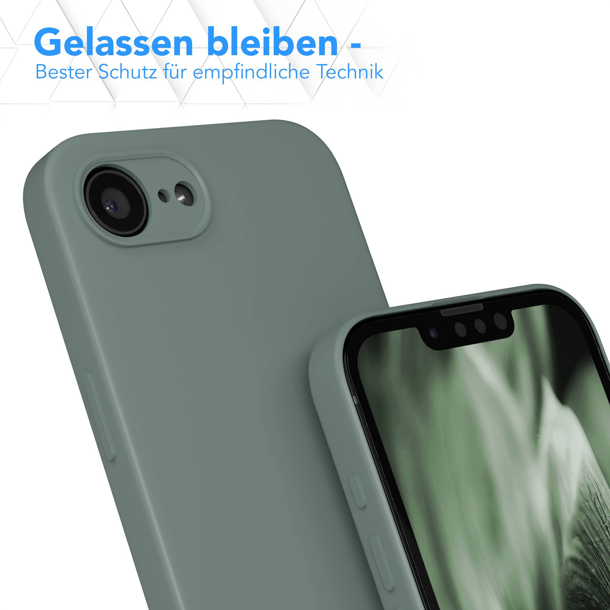 Eine grüne Handyhülle bedeckt die Rückseite eines Smartphones mit Kameramodul.