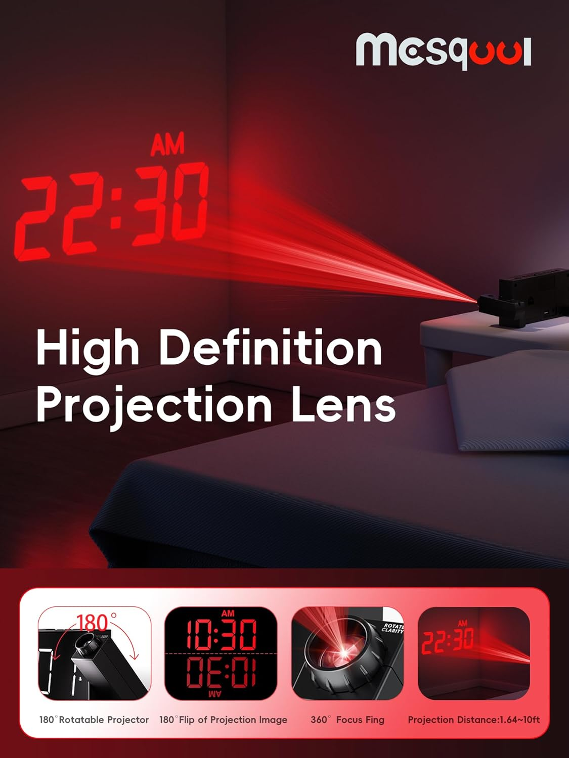 Ein Projektor wirft eine rote Lichtanzeige mit der Zeit 22:30 an die Wand.