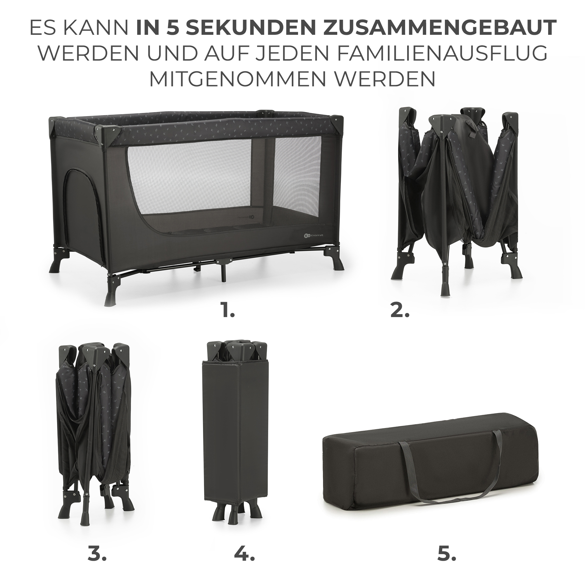 Reisebett in verschiedenen Zuständen: aufgebaut, halb zusammengeklappt, zusammengeklappt, aufrecht stehend, in Tasche.