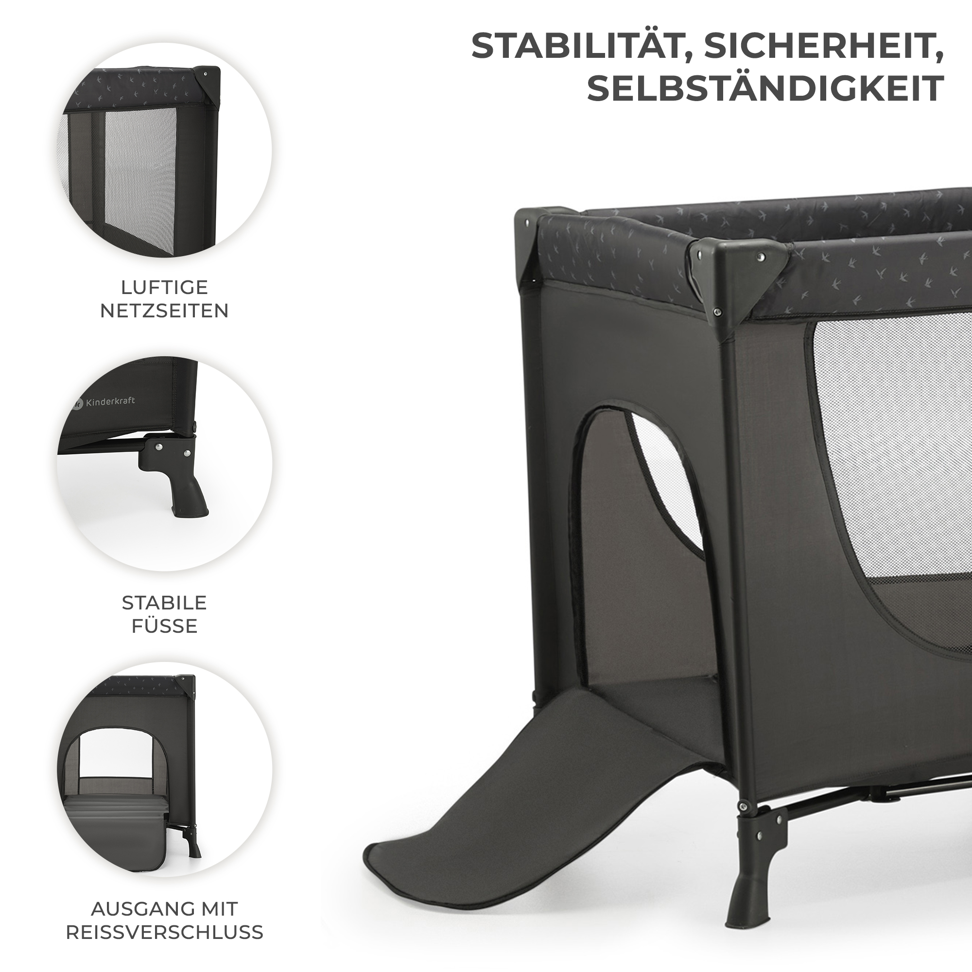 Ein dunkler Reisekinderwagen mit Netzseiten und einer Tür mit Reißverschluss.