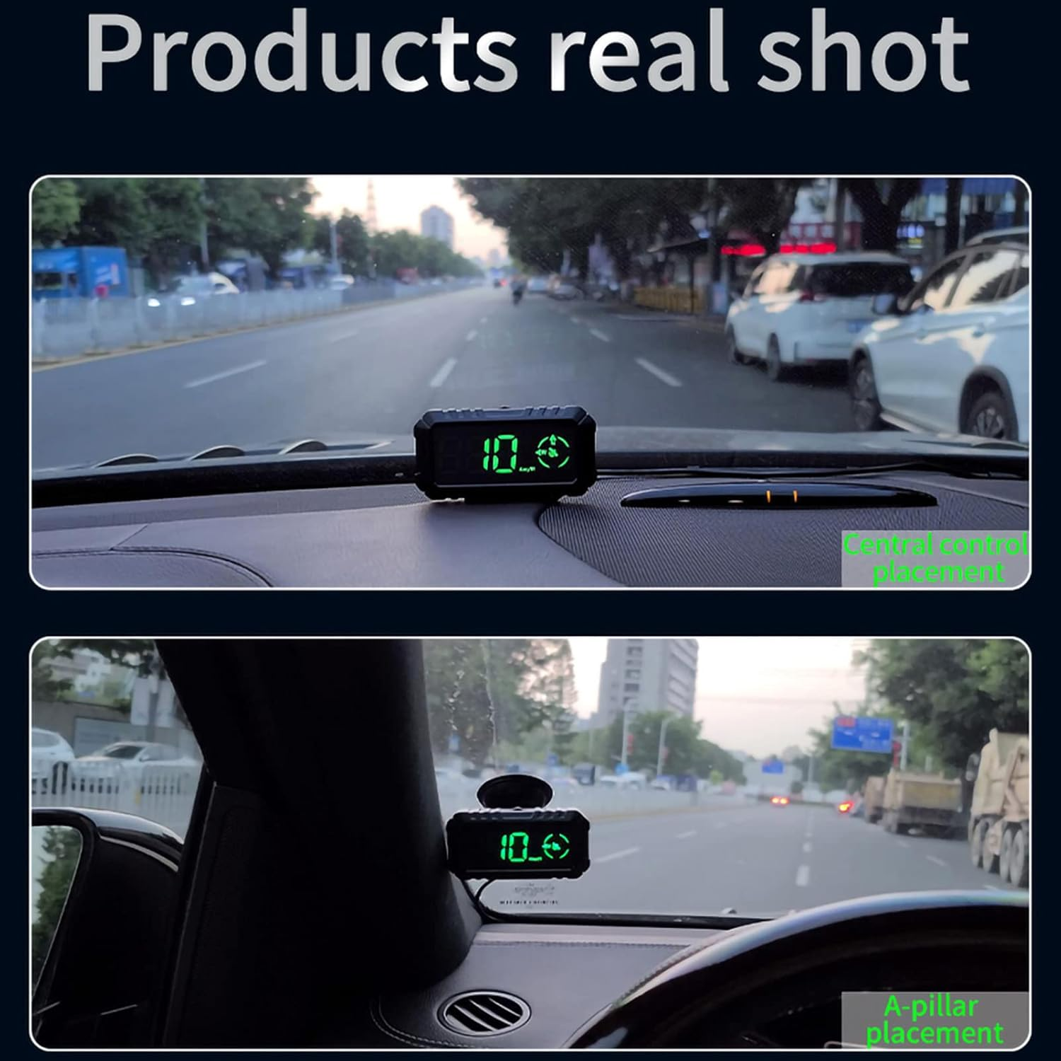 Ein digitales Display im Auto zeigt 10.0 km/h auf einer Straße.