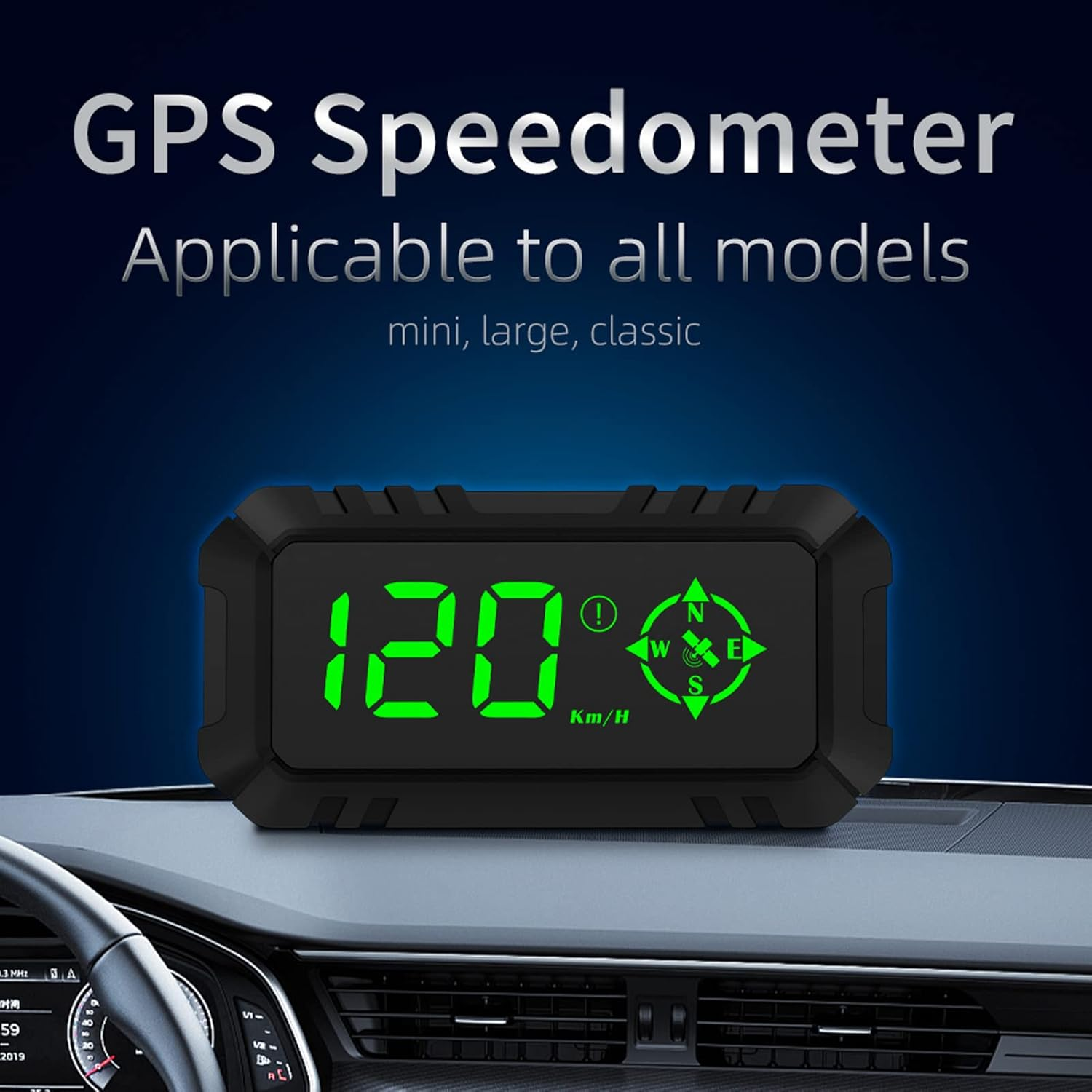 GPS-Tachometer zeigt 120 km/h und Kompass auf Armaturenbrett.