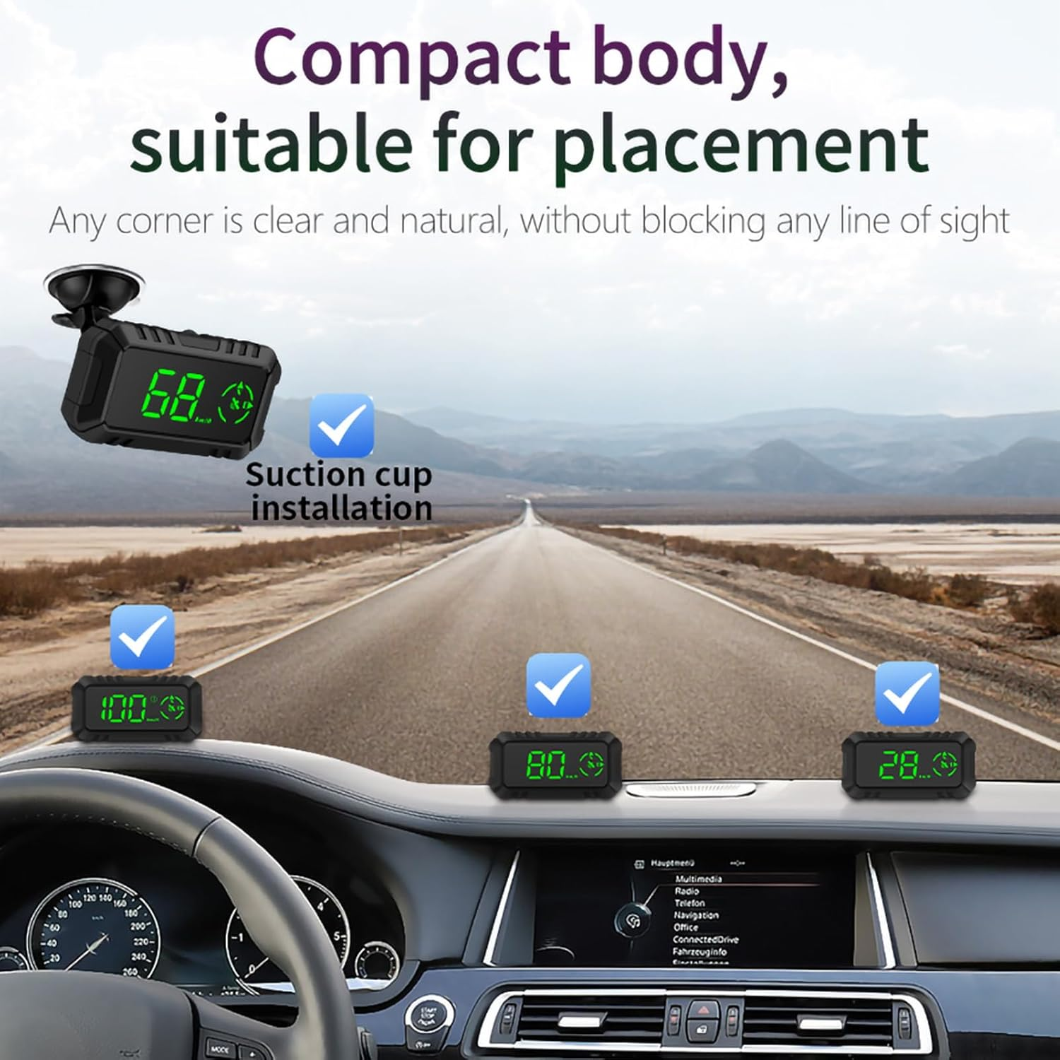 Ein Head-Up-Display im Auto auf einer Straße mit Bergen im Hintergrund.
