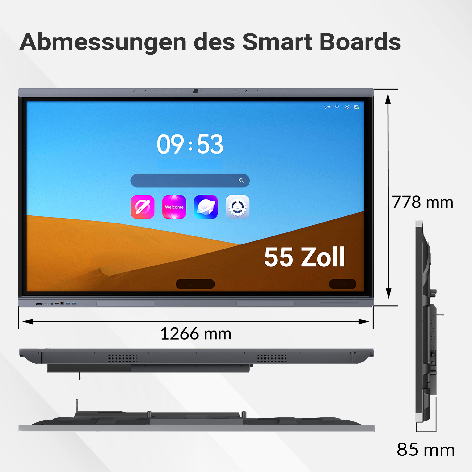 Abmessungen: 1266x778x85mm Smart Board mit blauer Benutzeroberfläche.