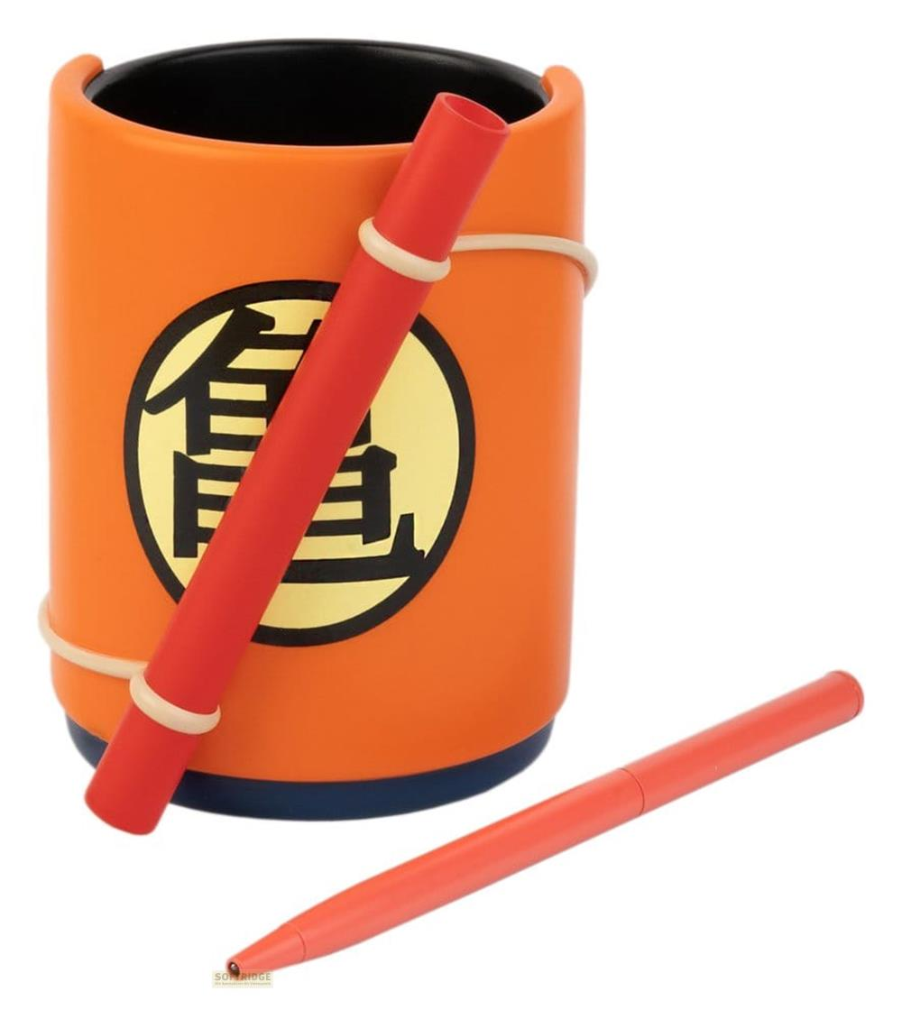 Orangeer Becher mit chinesischem Zeichen, Stift und Gummiband.