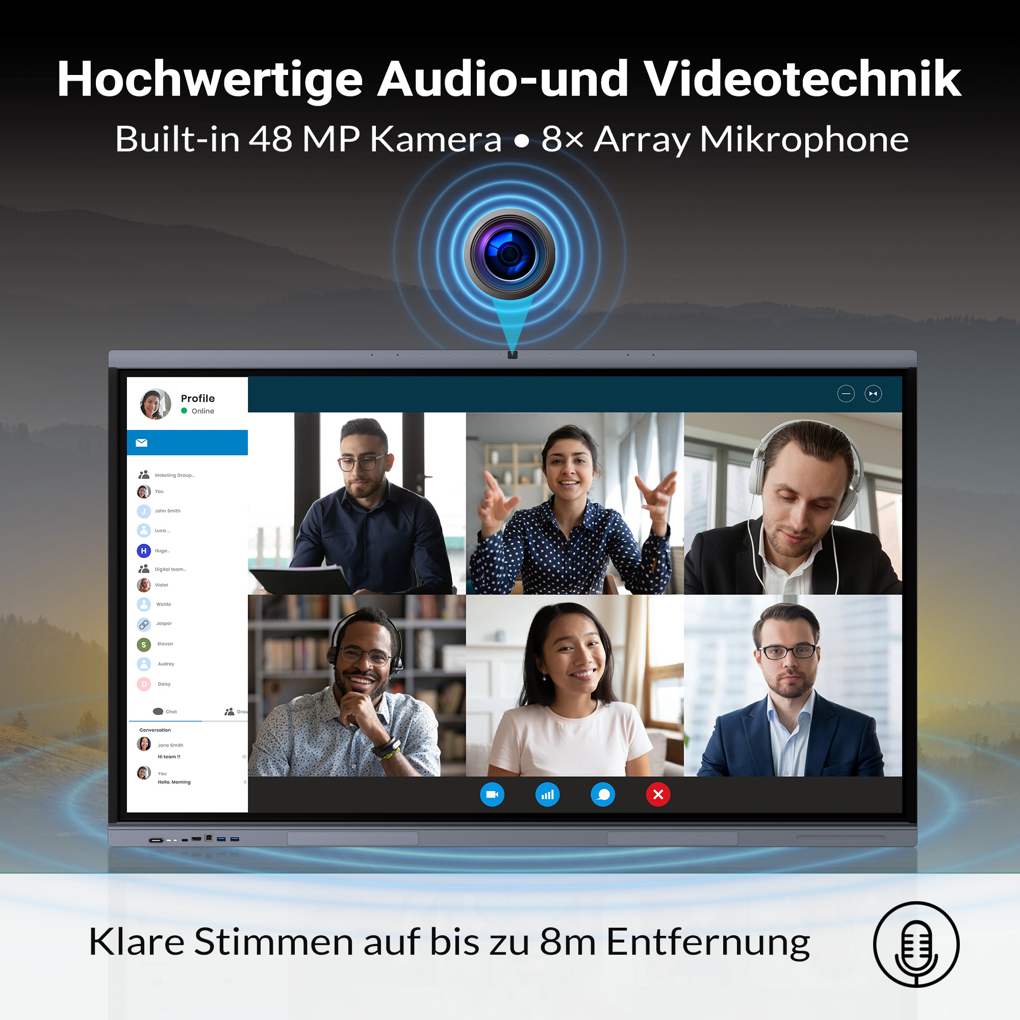 Laptop mit Videokonferenz: 6 Personen im Bild, Kamera- und Mikrofon-Symbol.
