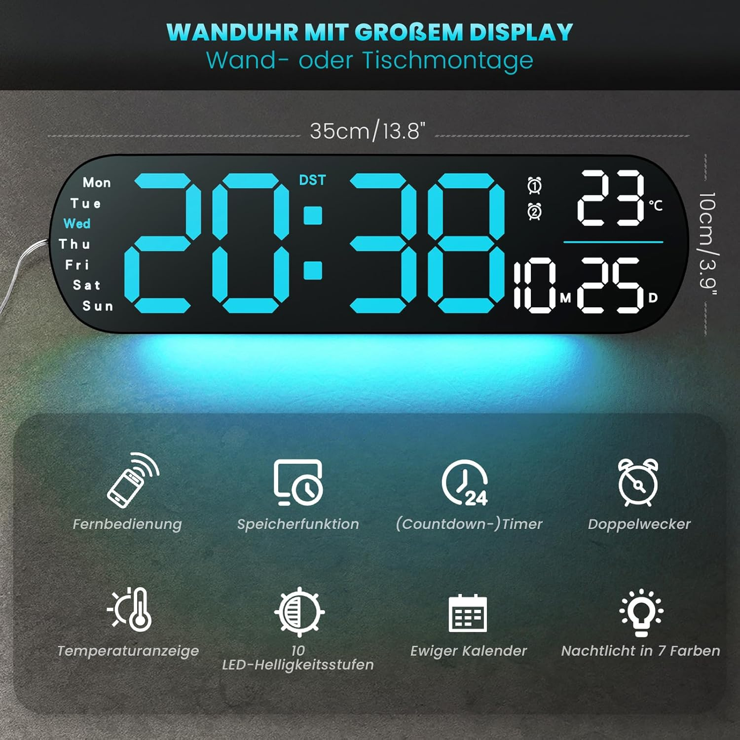 Digitale Wand-/Tischuhr zeigt 20:38, 23°C, 10.25. Funktionen: Fernbedienung, Timer.
