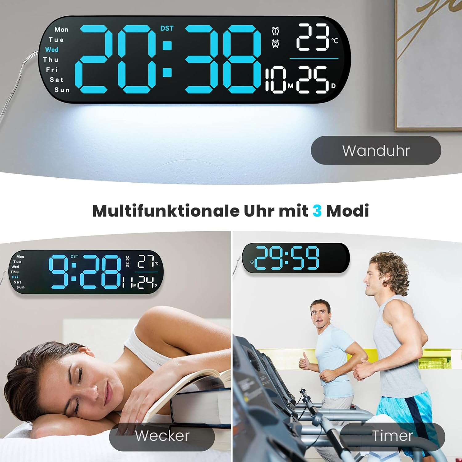 Digitale Wanduhr zeigt 20:38 Uhr und 23°C, daneben eine Frau schläft und zwei Männer laufen.