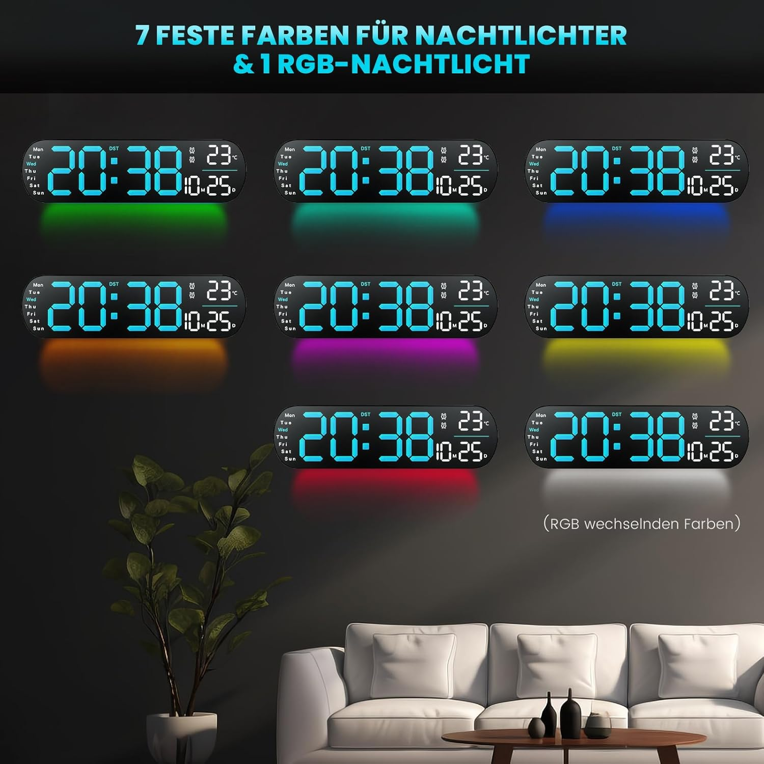 Digitaluhr mit 7 festen Farben und RGB-Funktion, zeigt Zeit und Temperatur.