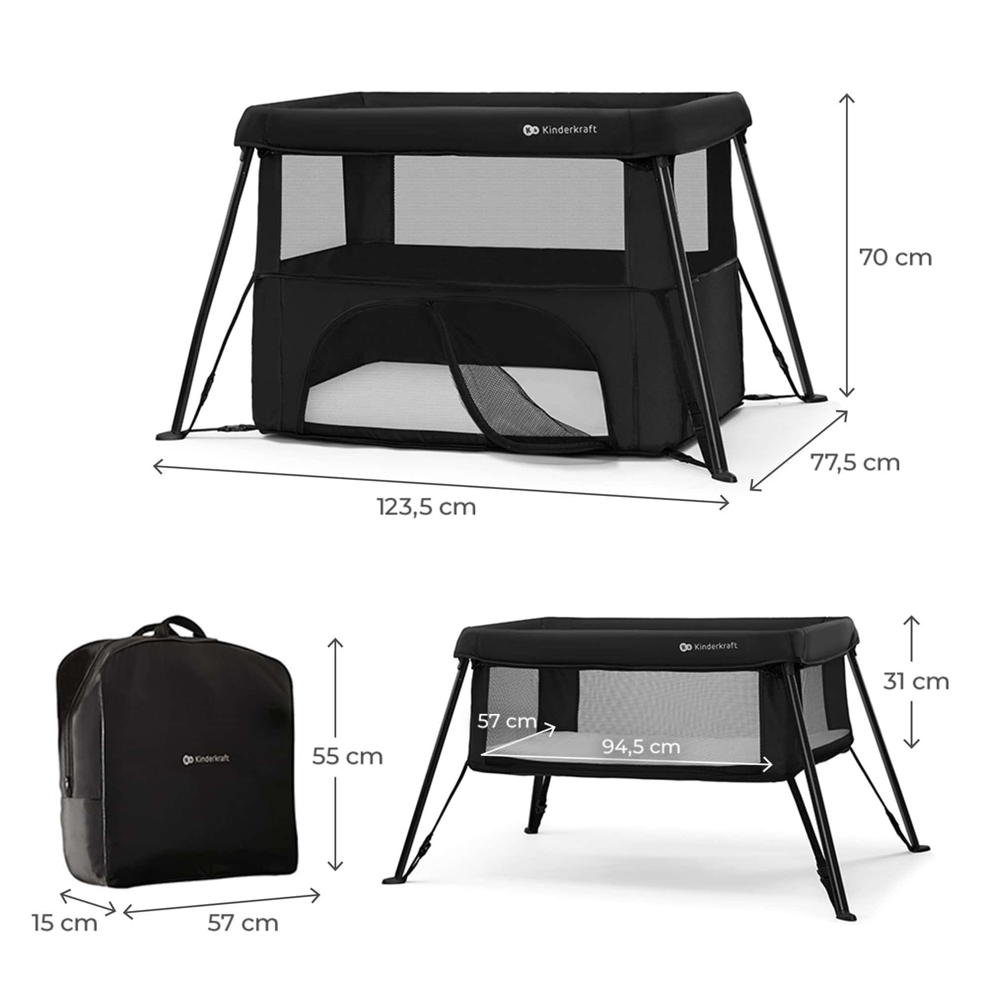 Ein schwarzes Reisebett mit Maßen und eine schwarze Tragetasche.