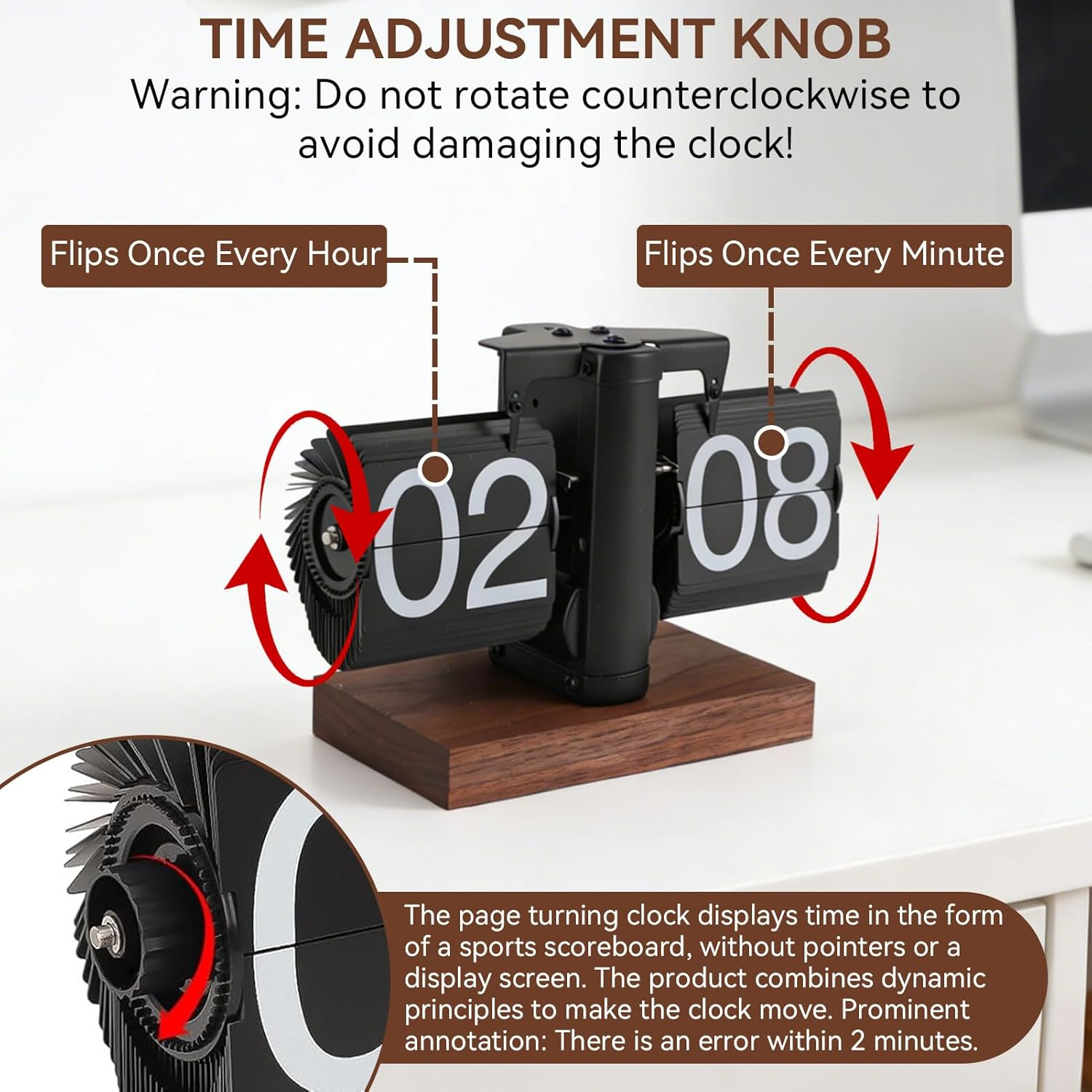 Ein schwarzer Flip-Clock-Wecker mit Holzsockel, der 02:08 anzeigt.