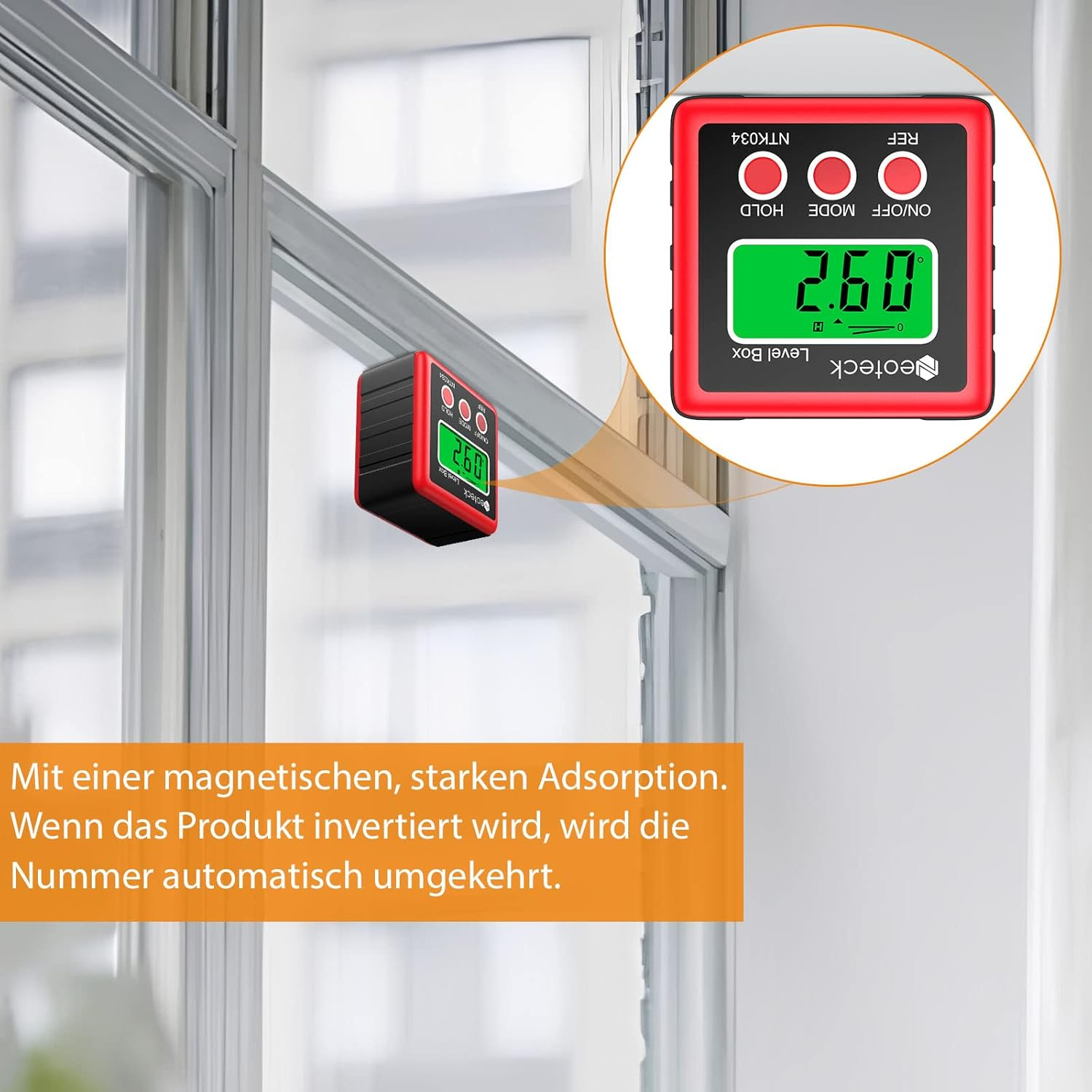 Ein roter Neoteck Winkelmesser mit digitaler Anzeige haftet an einem Metallrahmen.