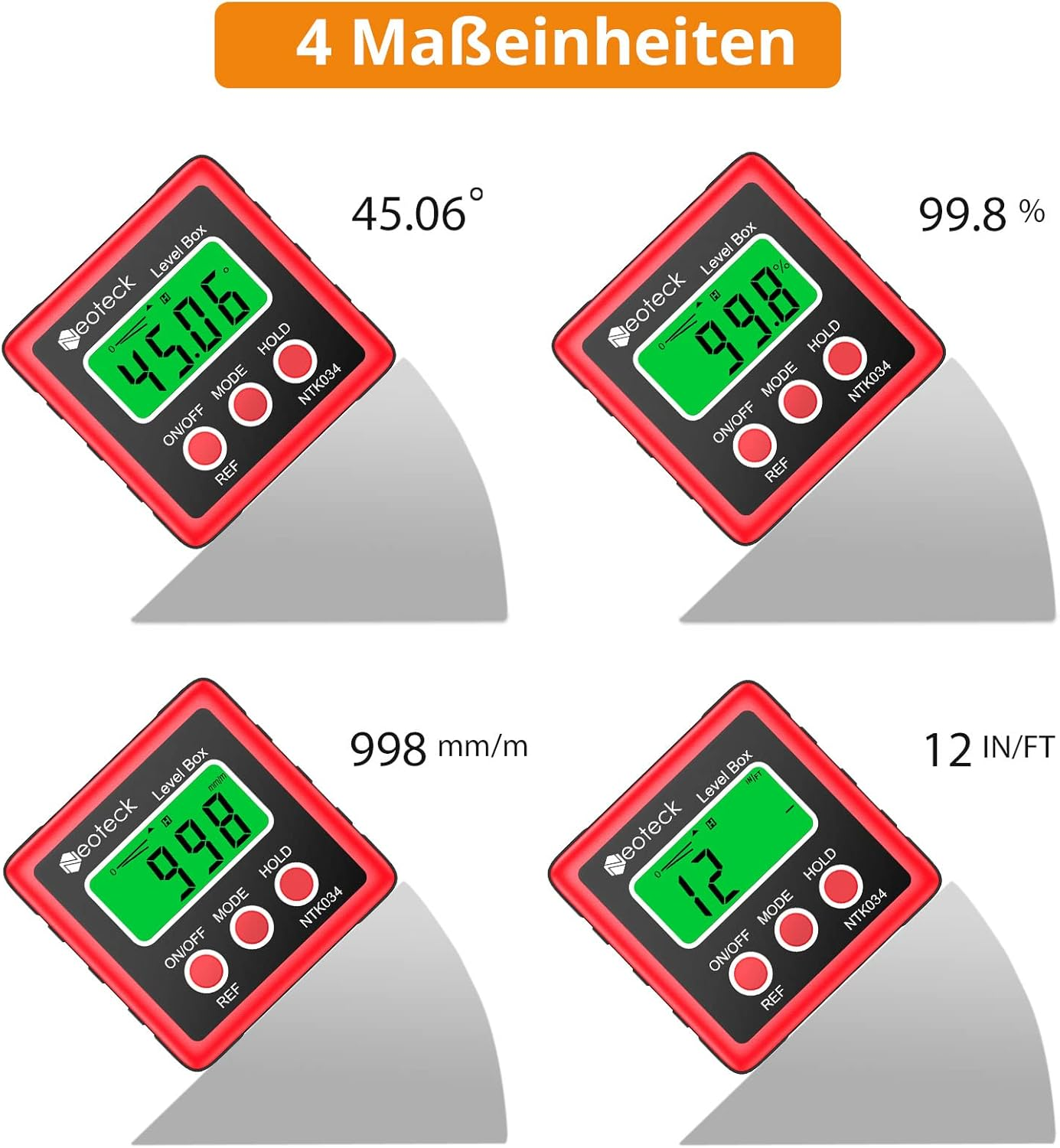 Vier digitale Neigungsmesser zeigen Winkel, Prozent, mm/m und Zoll/Fuß.