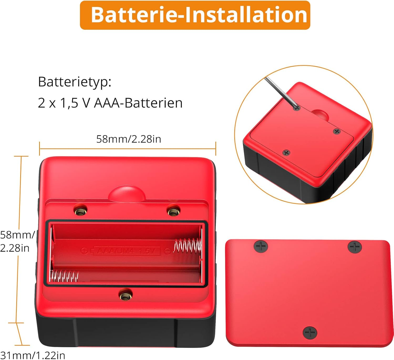 Roter Batteriehalter für 2 AAA-Batterien mit Maßen.