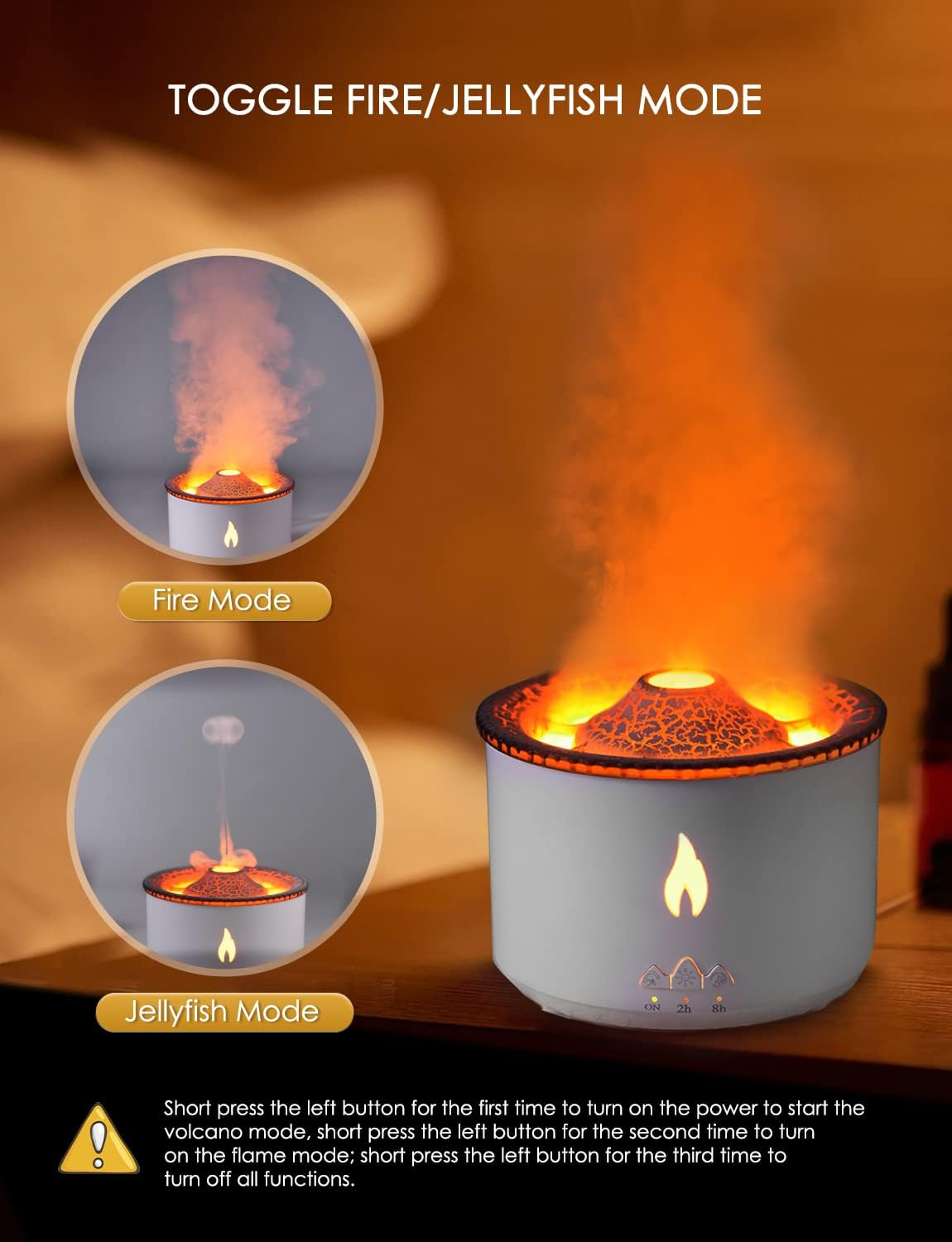 Ein Diffusor mit Vulkanform für Feuer- und Quallenmodus, mit Nebel und Licht.