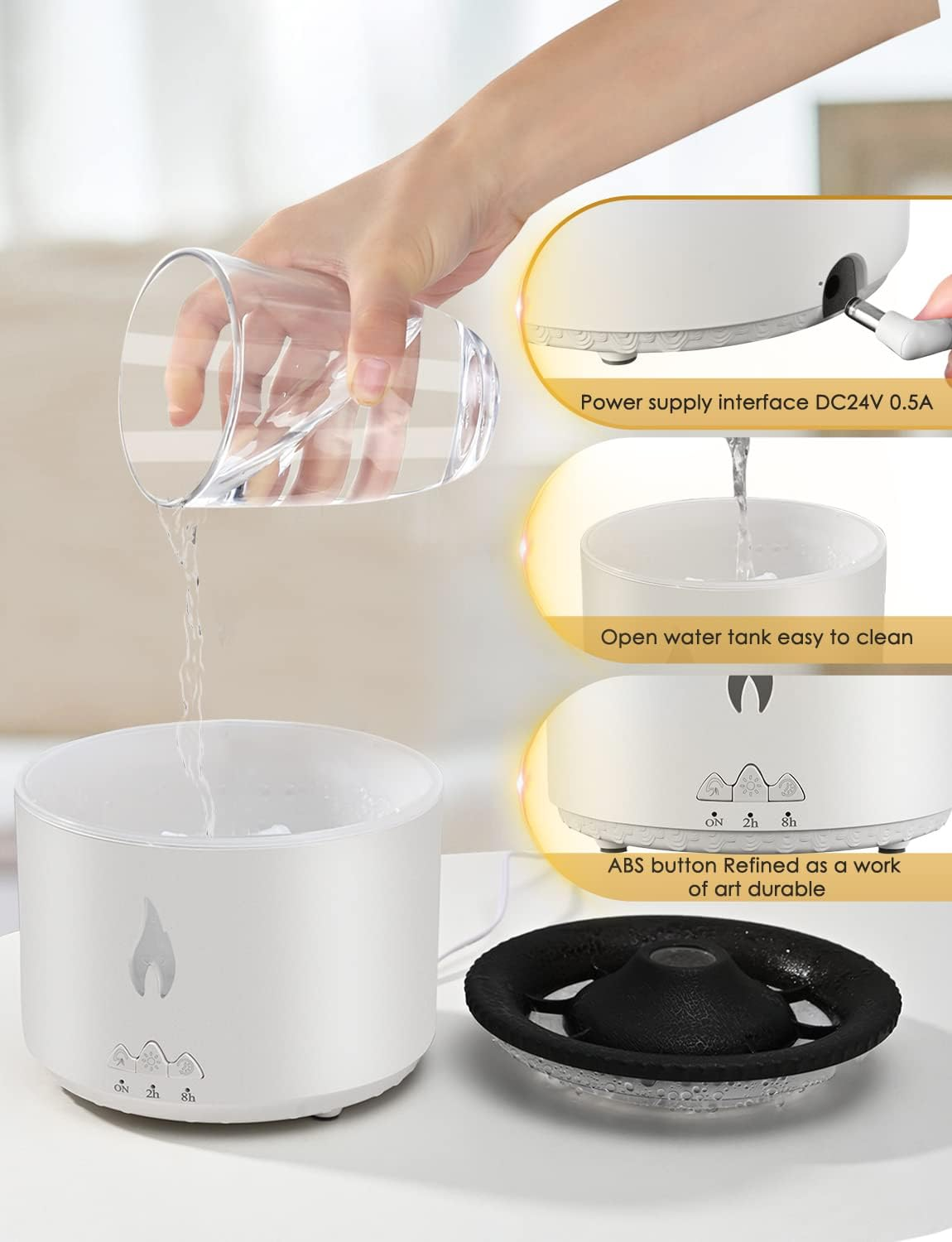 Wasser wird in einen weißen Diffusor gegossen; Details zeigen Stromanschluss und Tasten.