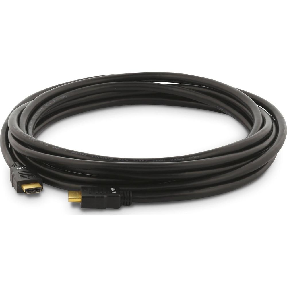 Ein aufgerolltes schwarzes HDMI-Kabel mit vergoldeten Steckern und "LHP"-Branding.