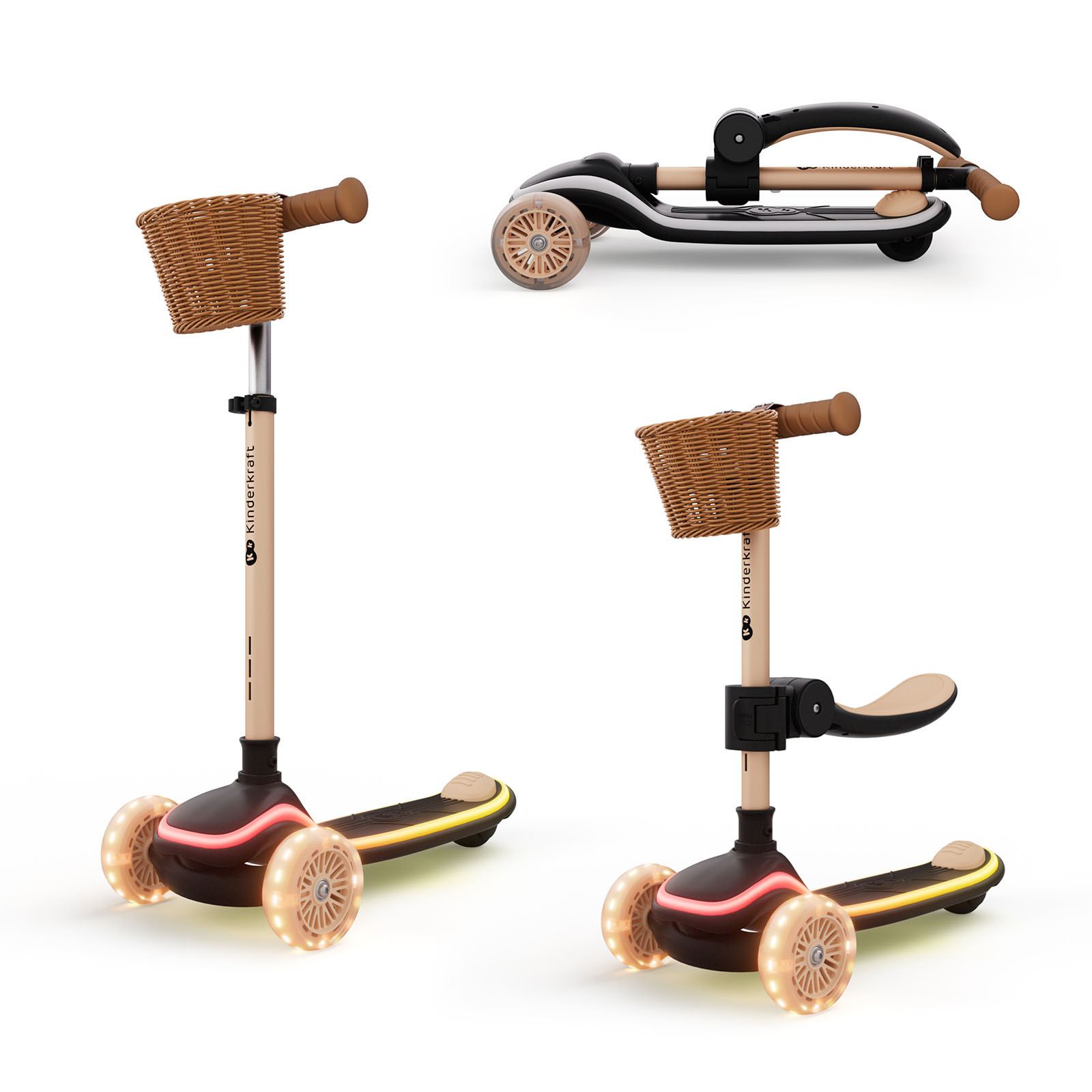Ein dreirädriger Roller mit Korb, Sitz und leuchtenden Rädern.
