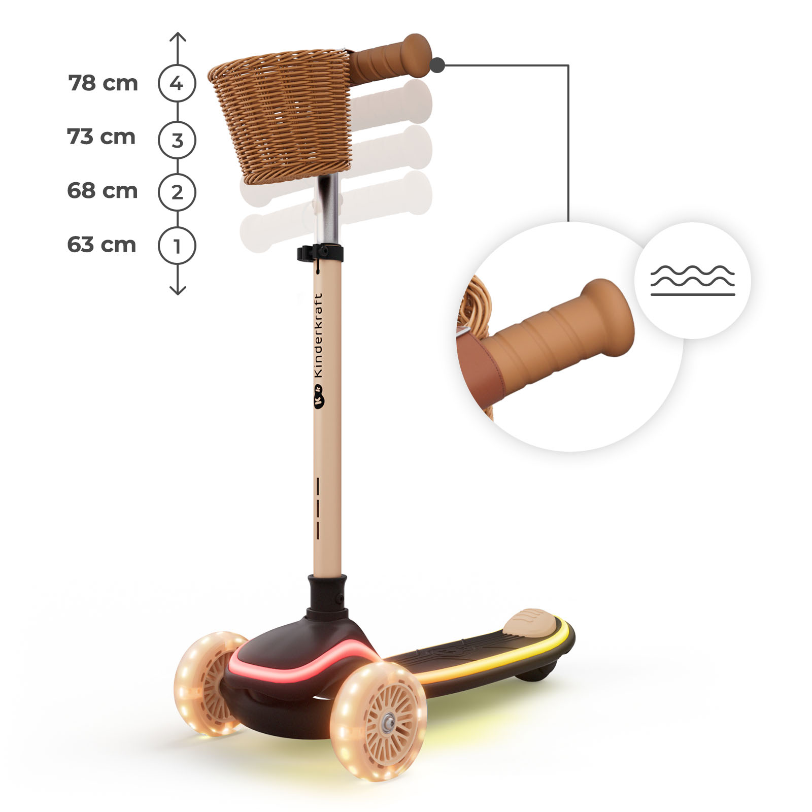 Ein beiger Roller mit Weidenkorb, LED-Lichtern und verstellbarer Lenkerhöhe.