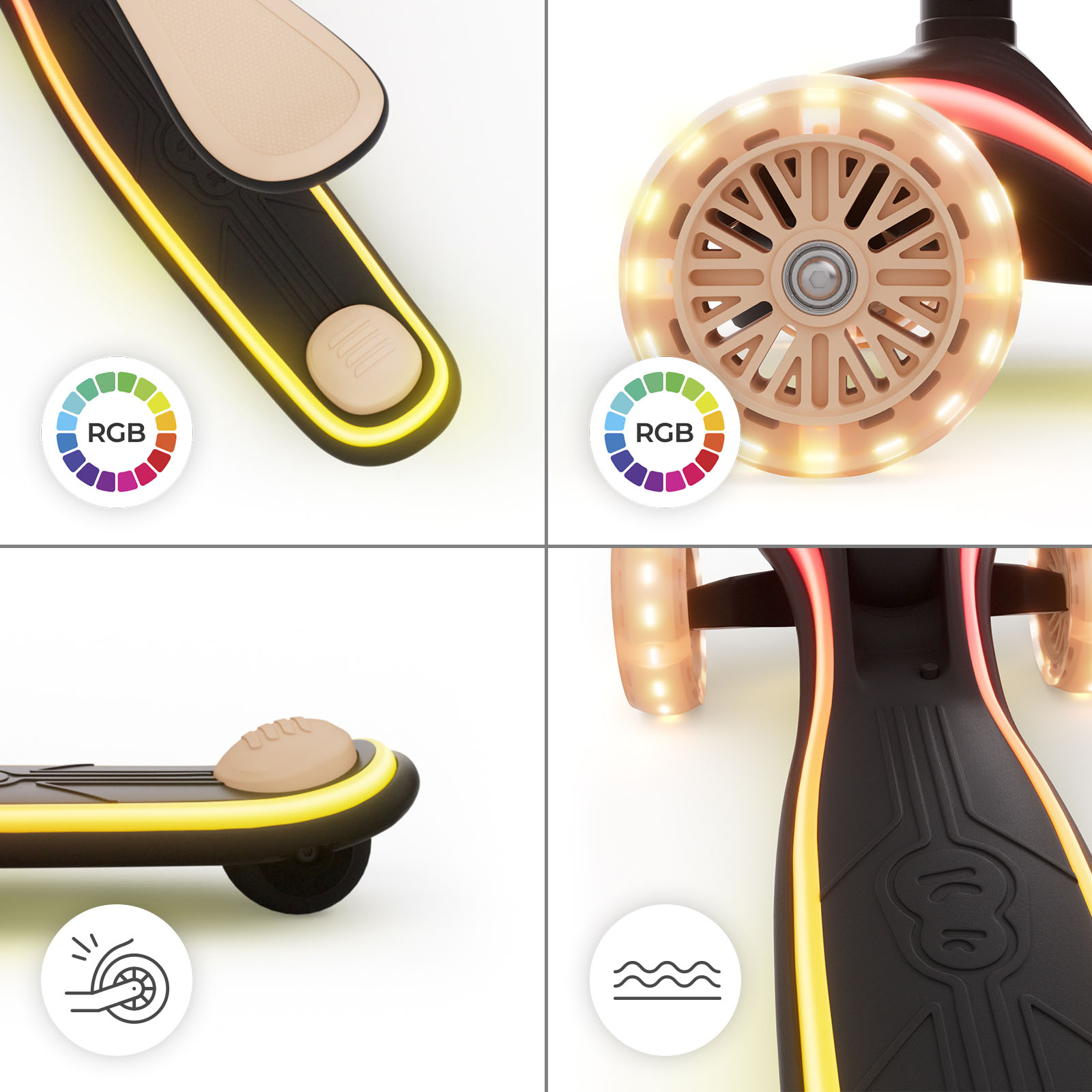 Nahaufnahme eines Rollers mit RGB-Beleuchtung und einem Muster auf der Trittfläche.