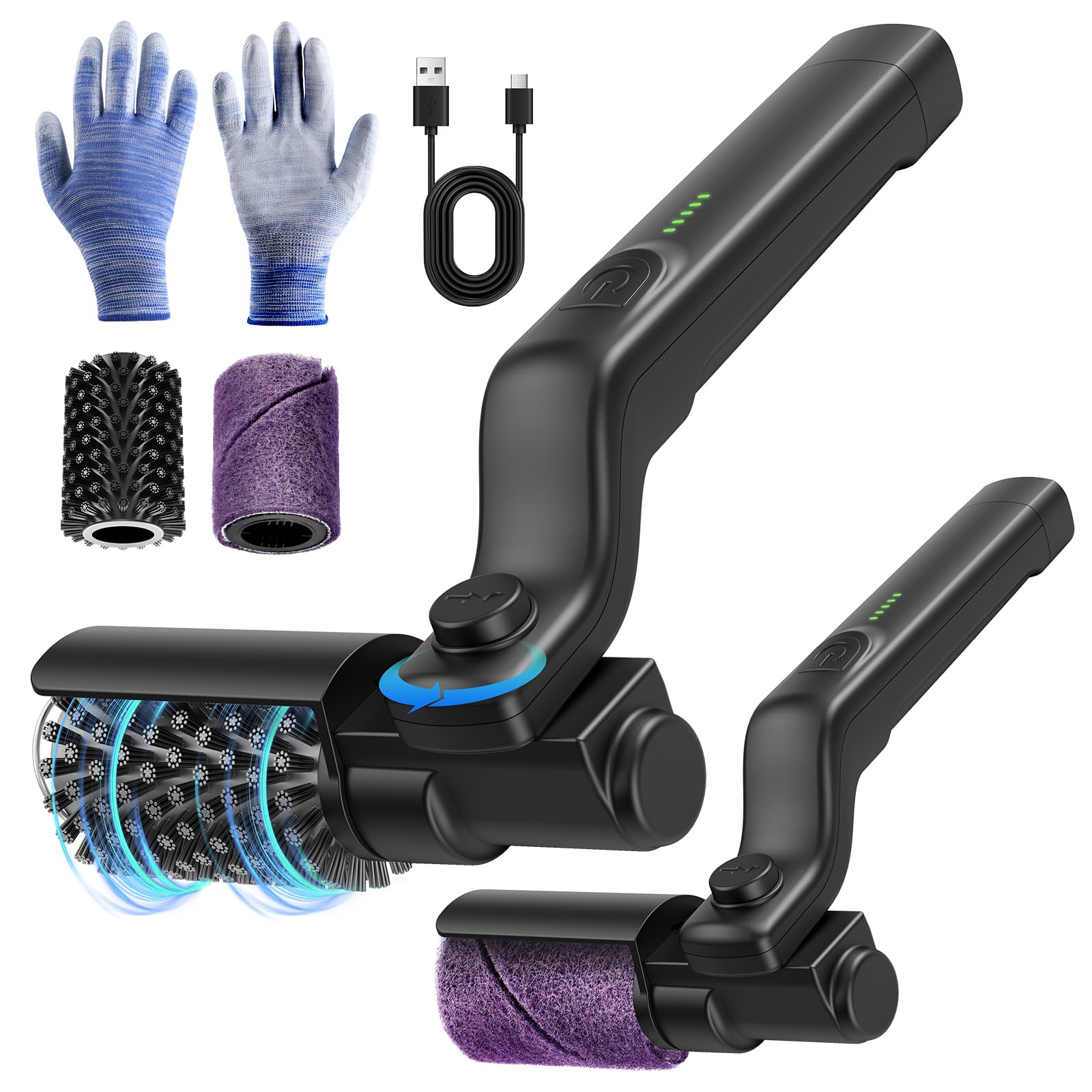Schwarzes elektrisches Reinigungswerkzeug mit Bürste, lila Rolle, Handschuhen und USB-Kabel.